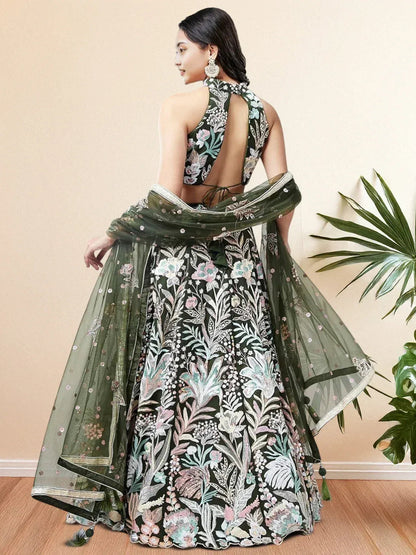 Tulsi Art Glamorous Green Sequins Net Designer Lehenga Choli With Dupatta