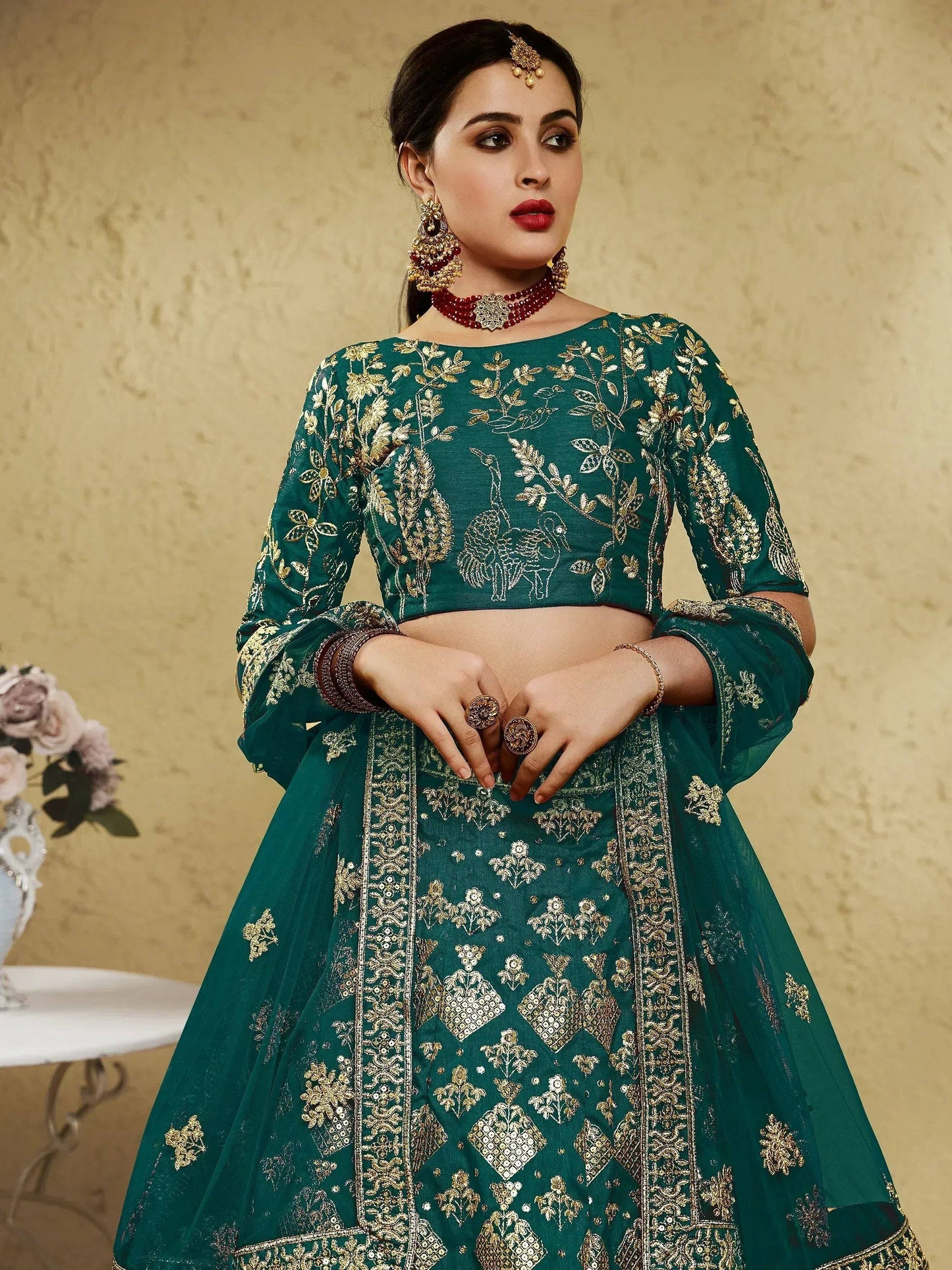 Tulsi Art Glamorous Green Thread Embroidered Silk Lehenga Choli With Dupatta