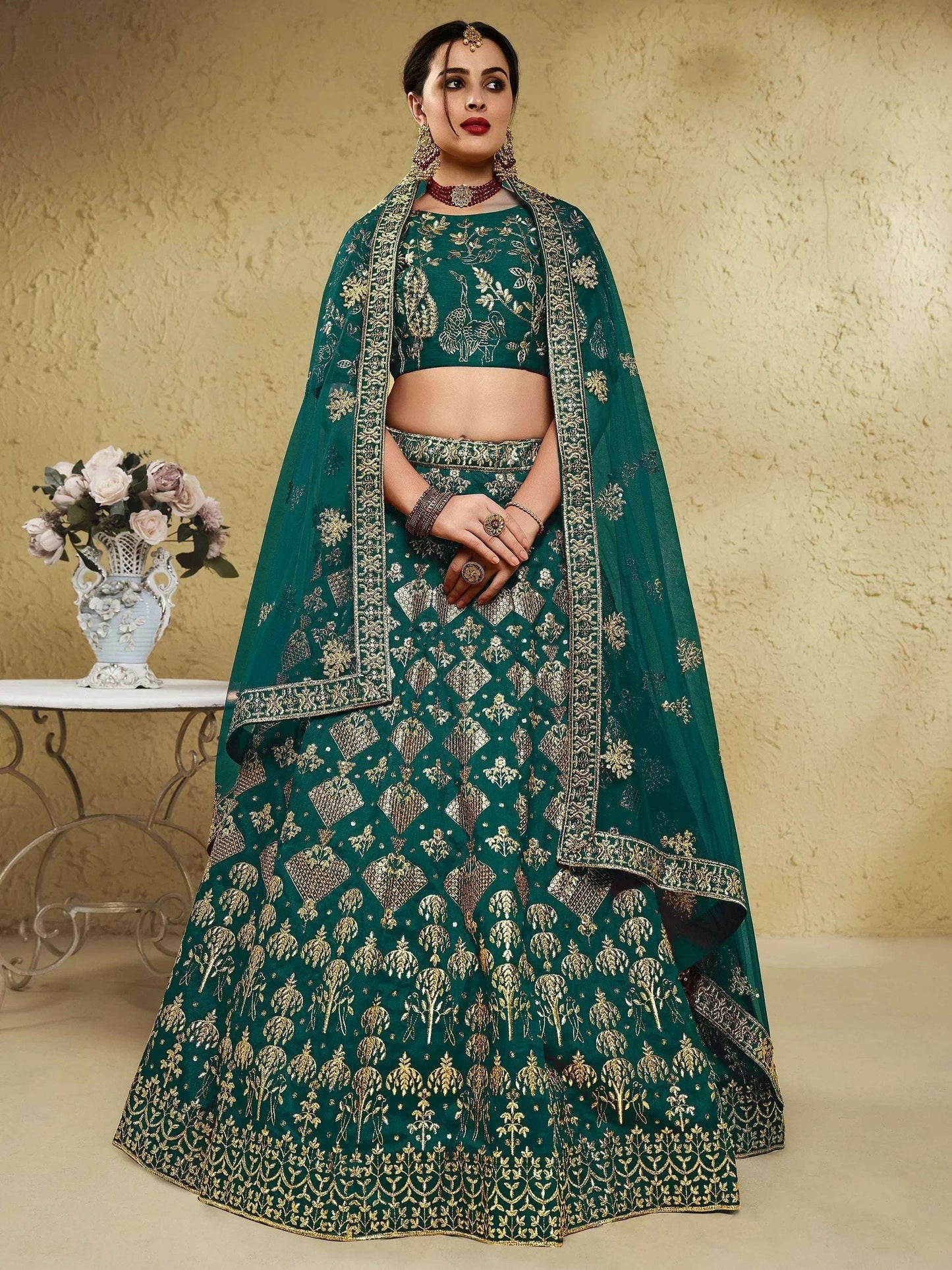 Tulsi Art Glamorous Green Thread Embroidered Silk Lehenga Choli With Dupatta