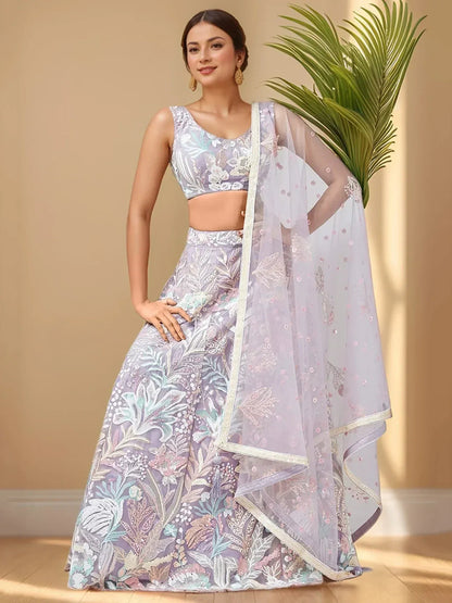 Tulsi Art Glamorous Lavender Sequins Net Bridesmaid Lehenga Choli With Dupatta