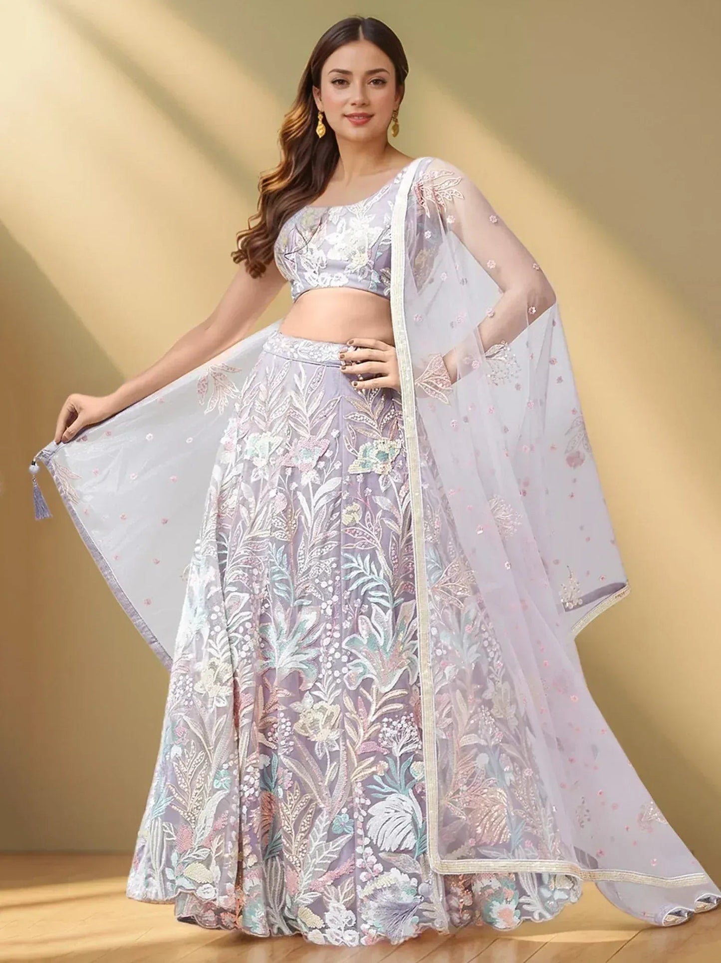 Tulsi Art Glamorous Lavender Sequins Net Bridesmaid Lehenga Choli With Dupatta