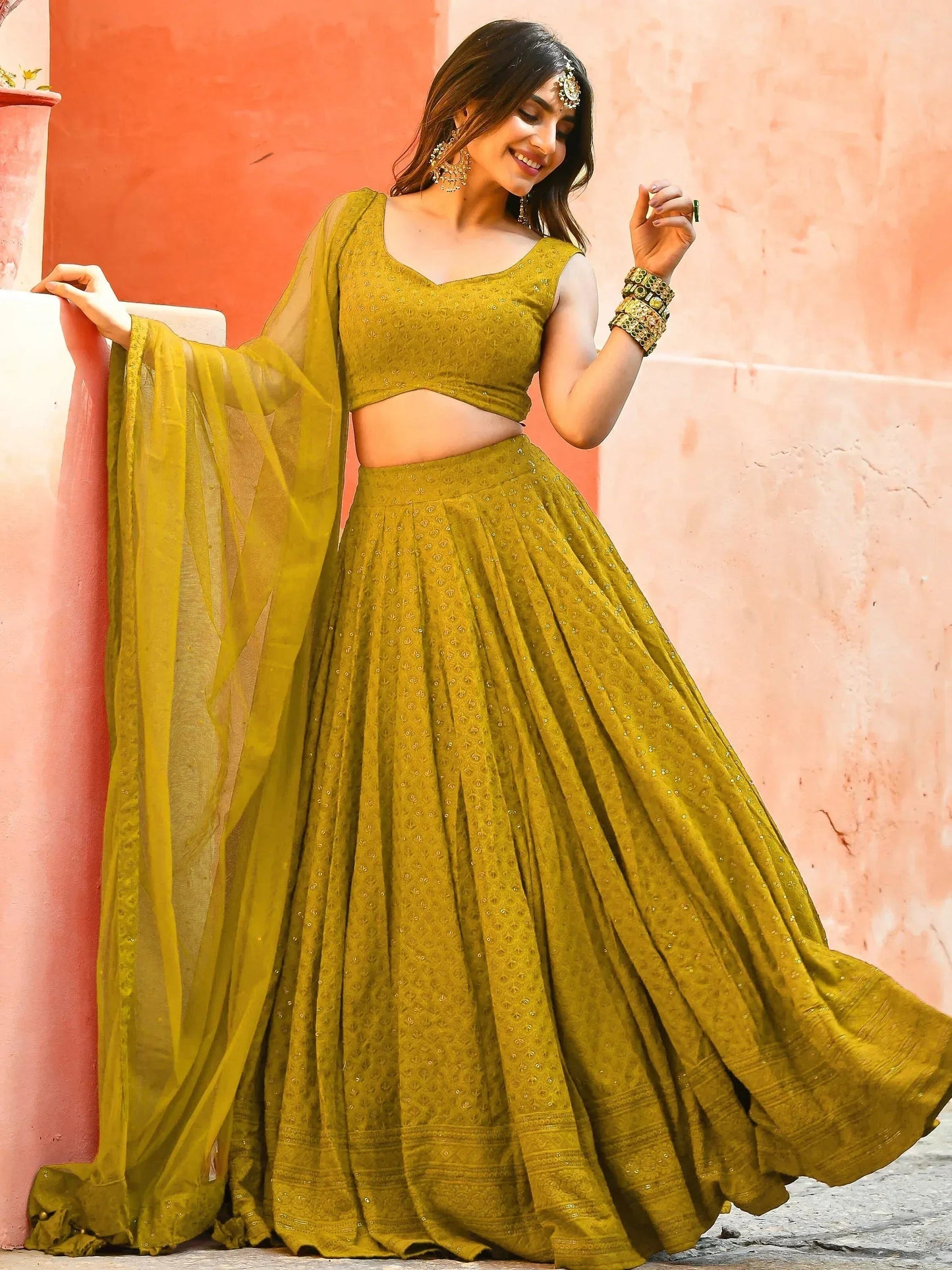 Tulsi Art Glamorous Mustard Yellow Sequins Lehenga Choli With Net Dupatta