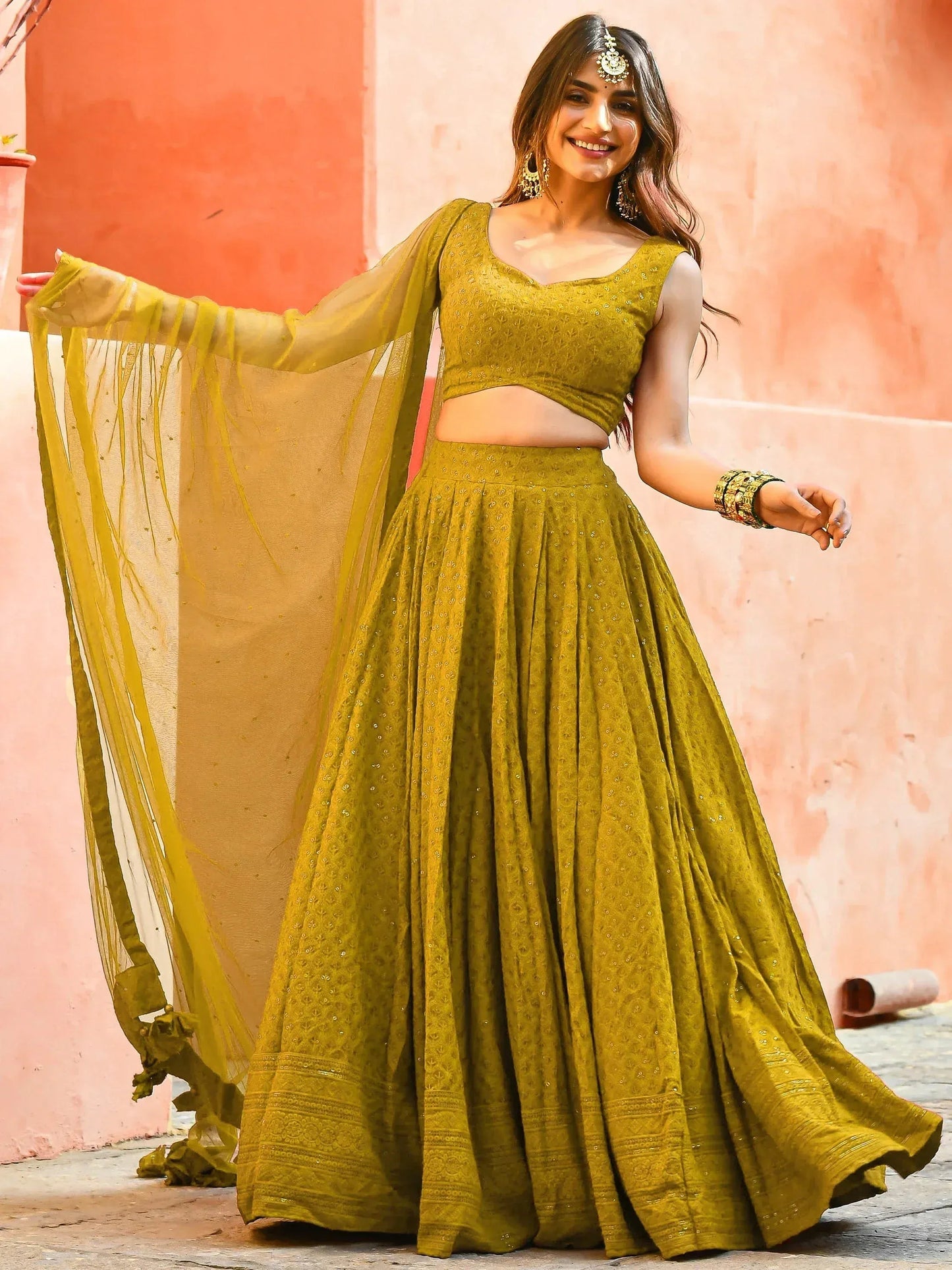 Tulsi Art Glamorous Mustard Yellow Sequins Lehenga Choli With Net Dupatta
