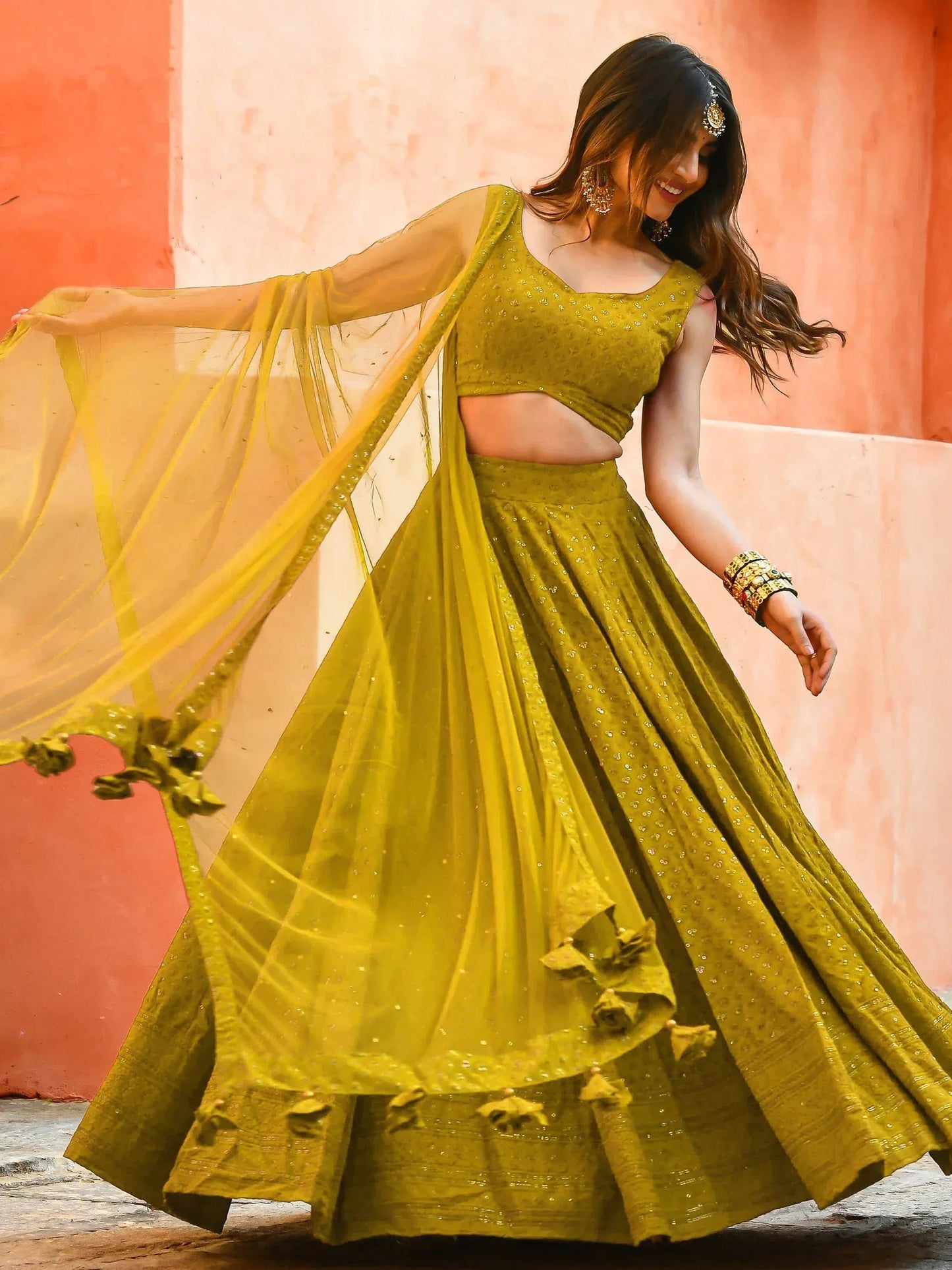Tulsi Art Glamorous Mustard Yellow Sequins Lehenga Choli With Net Dupatta