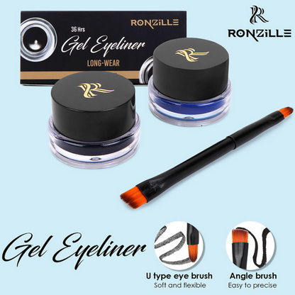Ronzille 36Hr Waterproof And Smudge Proof Long Wear Gel Eyeliner With Brush - Black And Blue