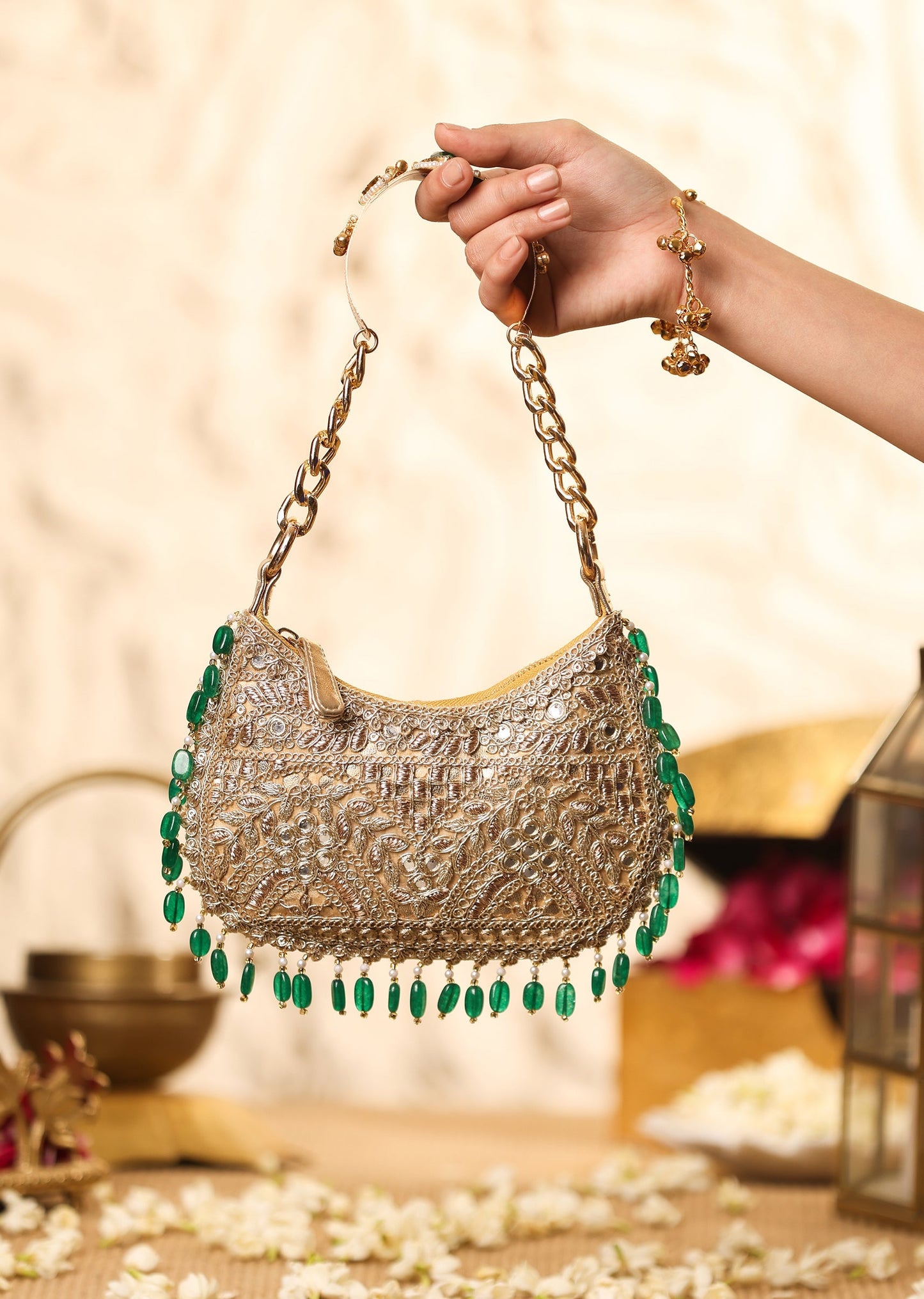 Gold And Green Embellished Handbag