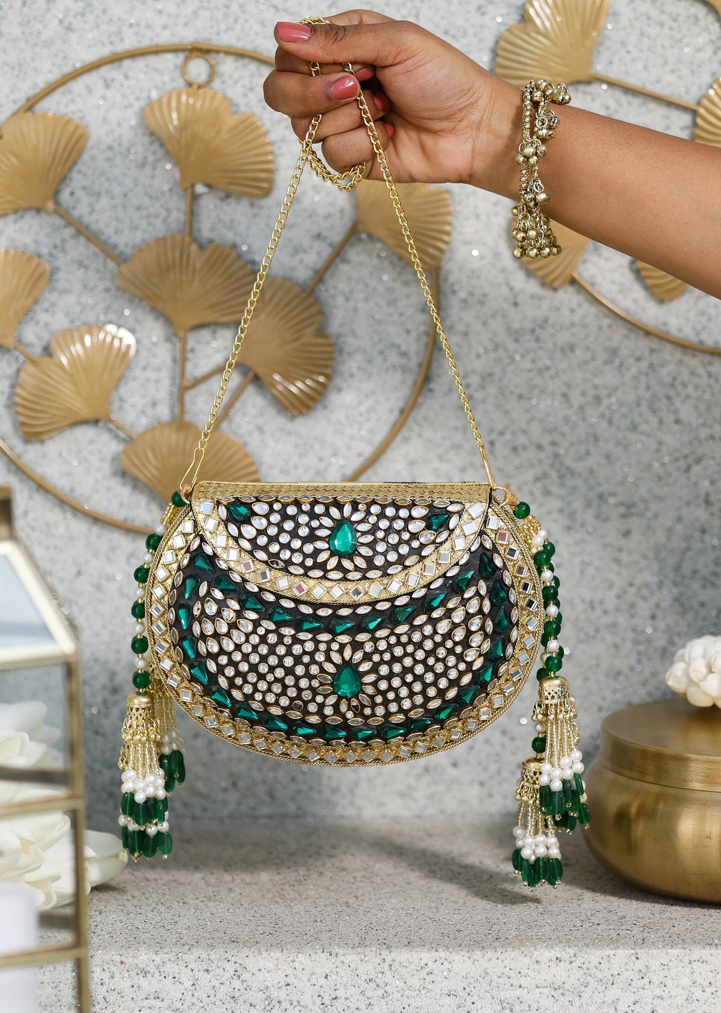 Gold And Green Embellished Potli
