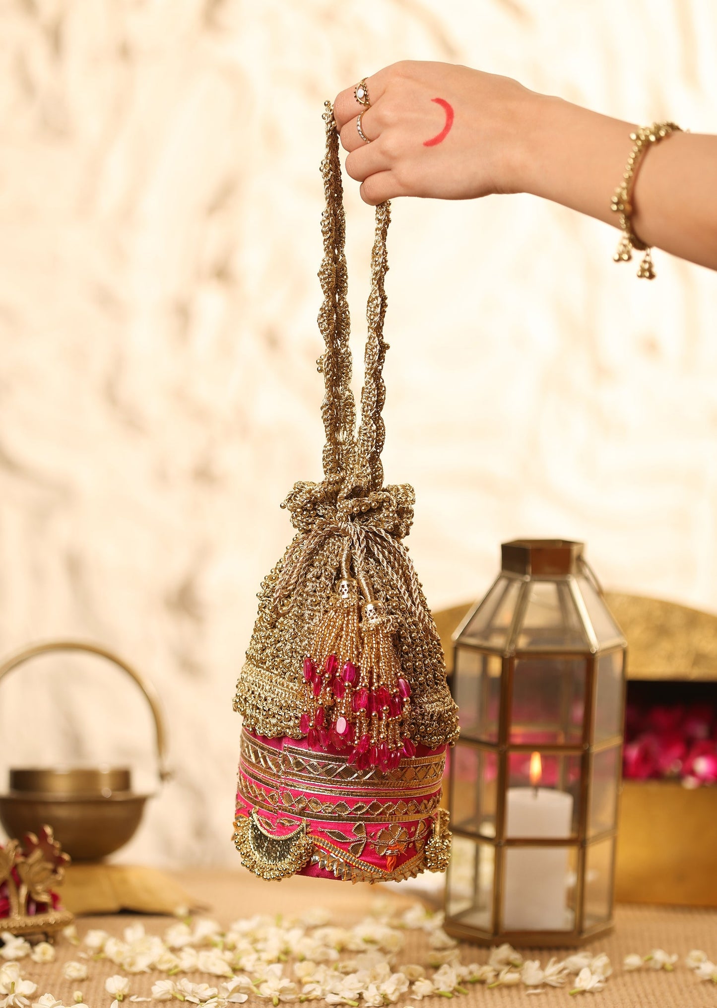 Gold And Pink Lace Potli Bag