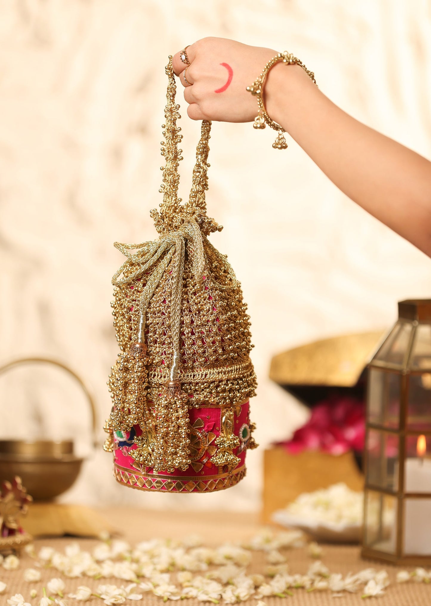 Gold And Pink Lace Potli