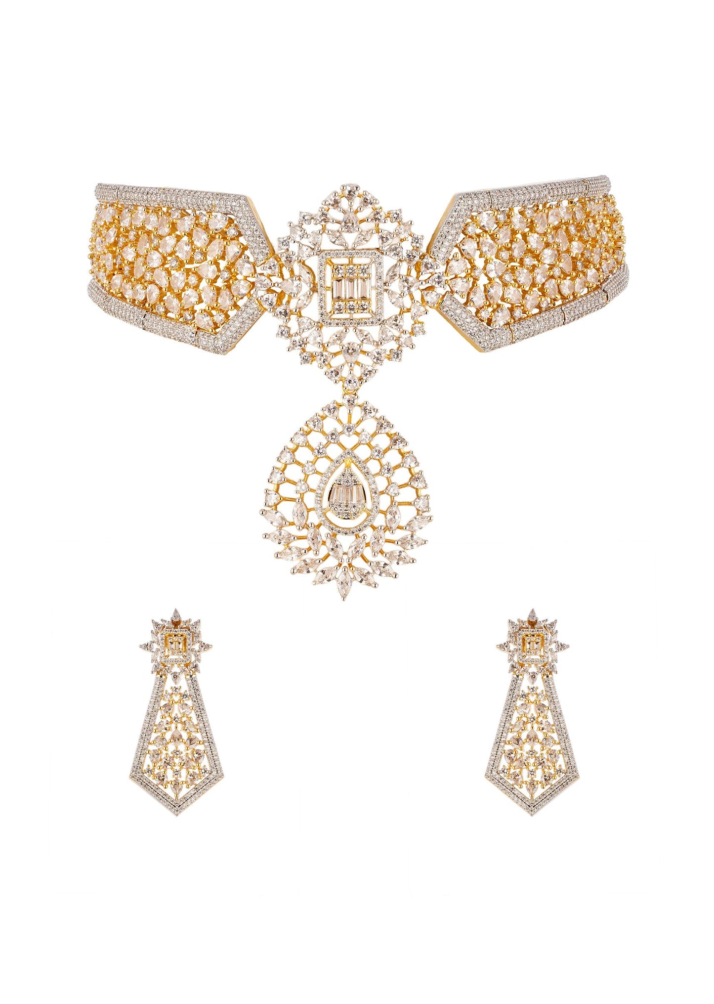 Gold and Silver Anti Tarnish Rhodium Plated Long Pendant Necklace Set In Brass with CZ Diamonds