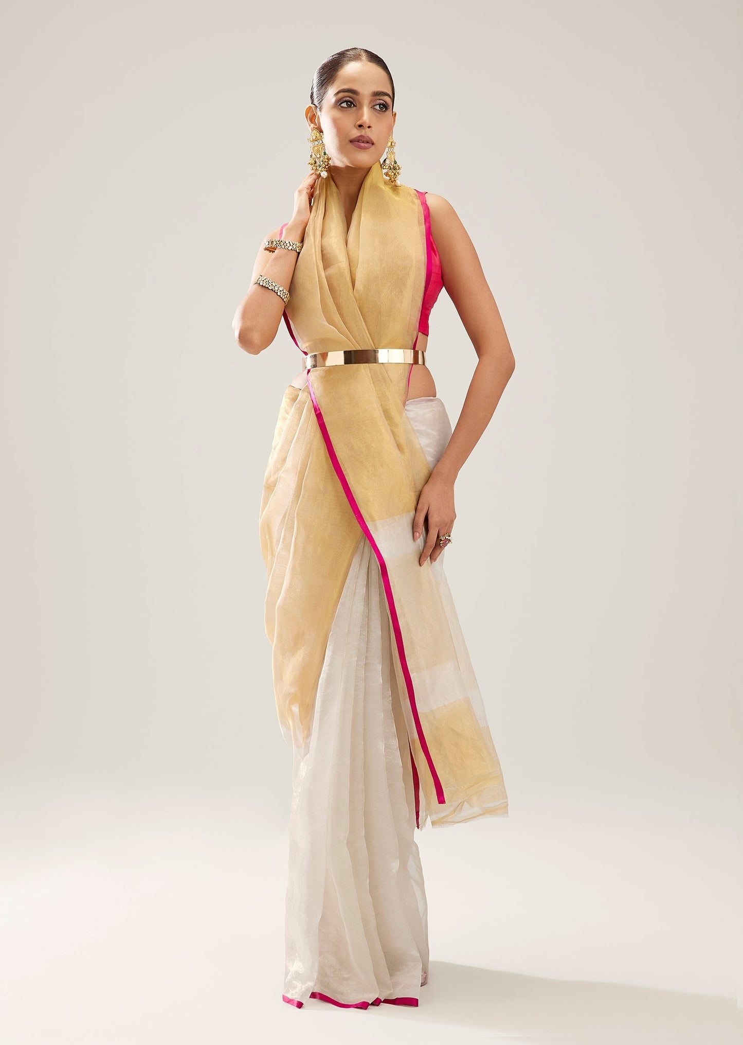 Gold And White Stripe Banarasi Tissue Saree
