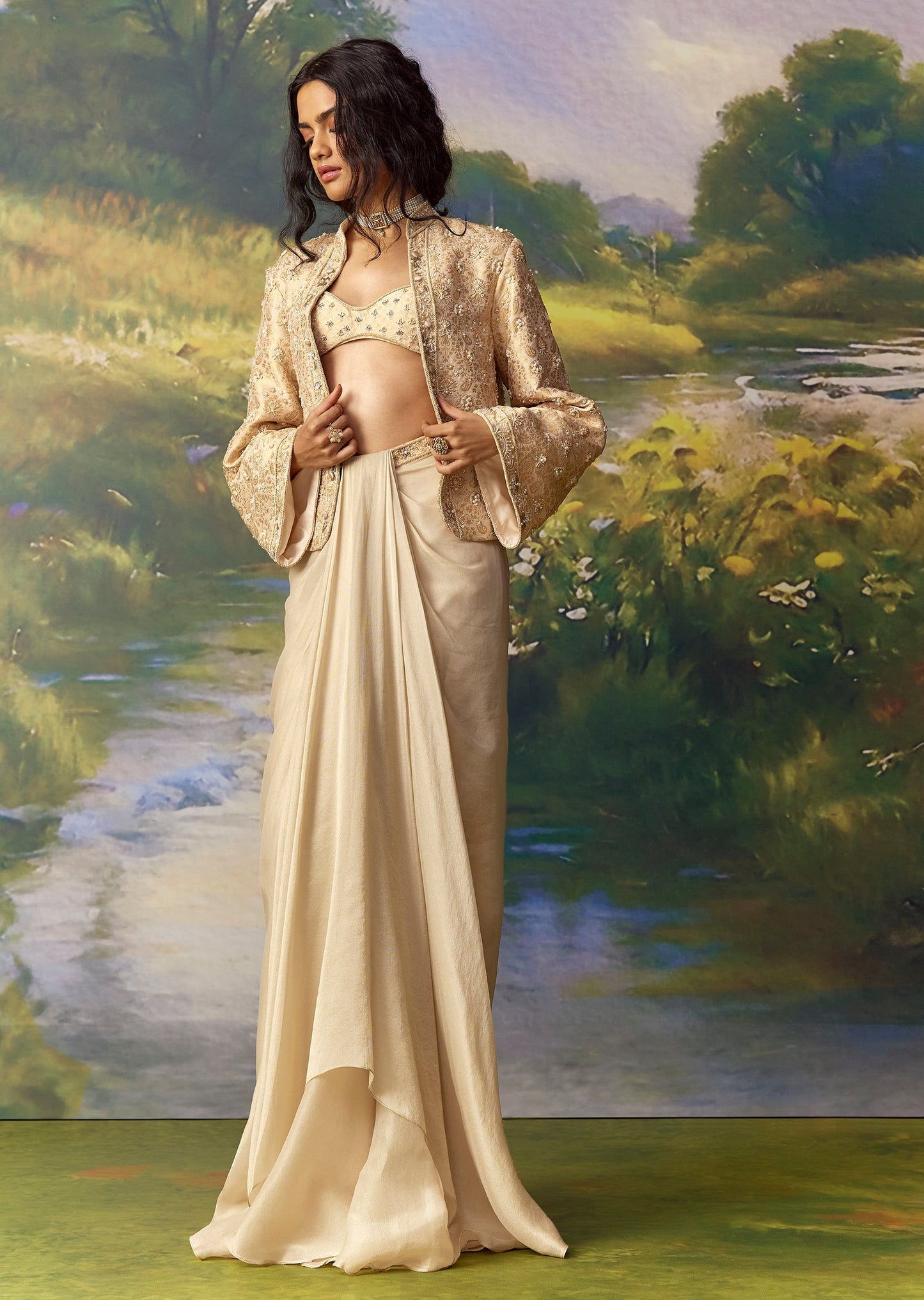 Gold Banarasi Silk Embroidered Jacket and Draped Skirt Set