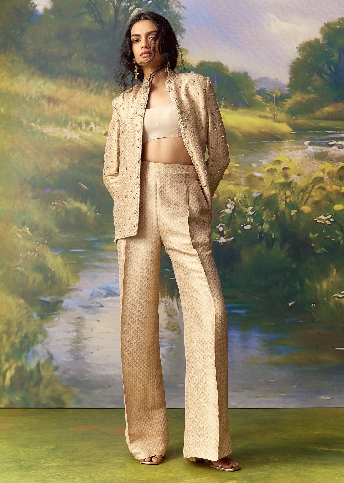 Gold Banarasi Silk Jacket and Pant Set