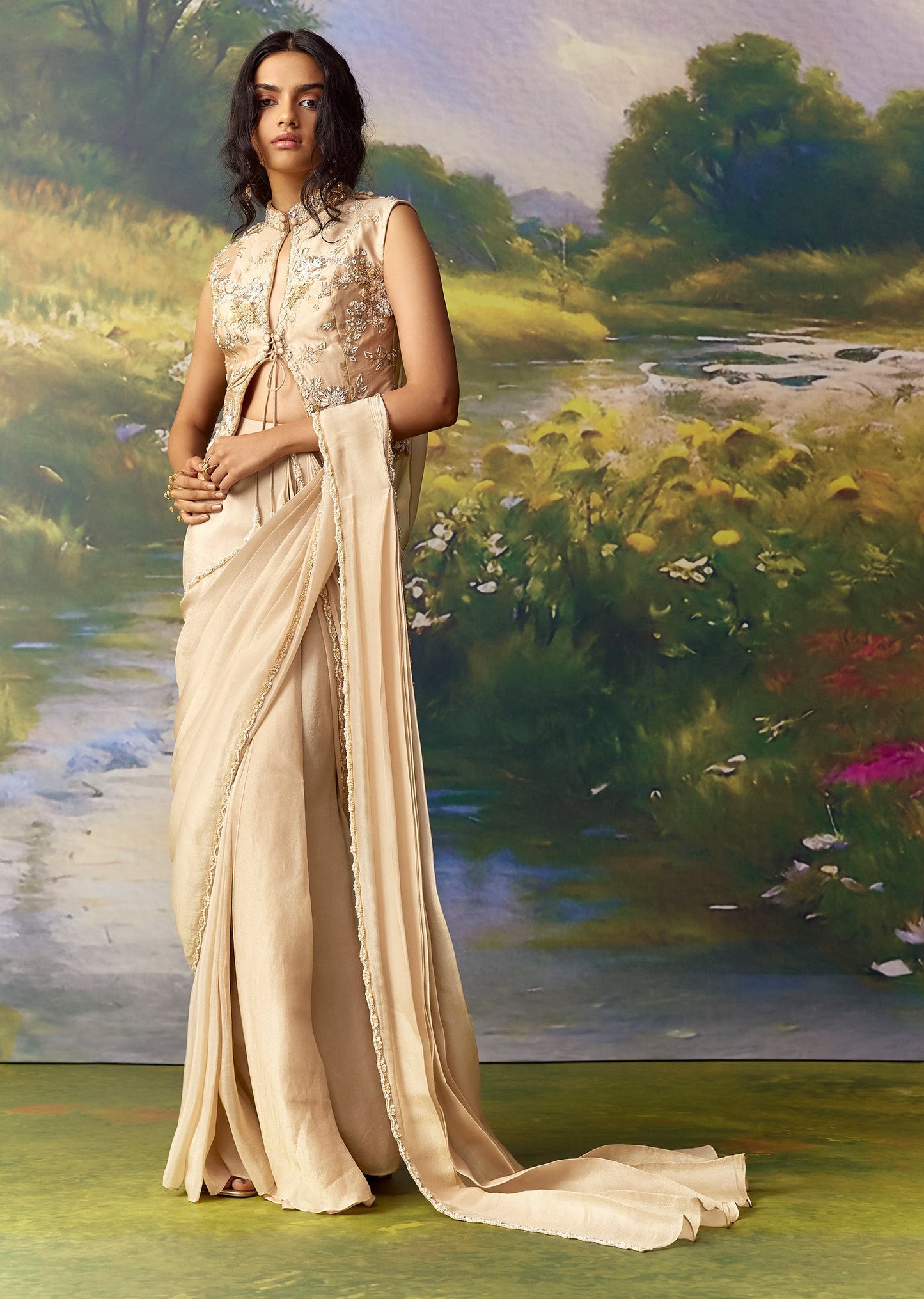 Gold Banarasi Silk Ready Pleated Saree with Blouse