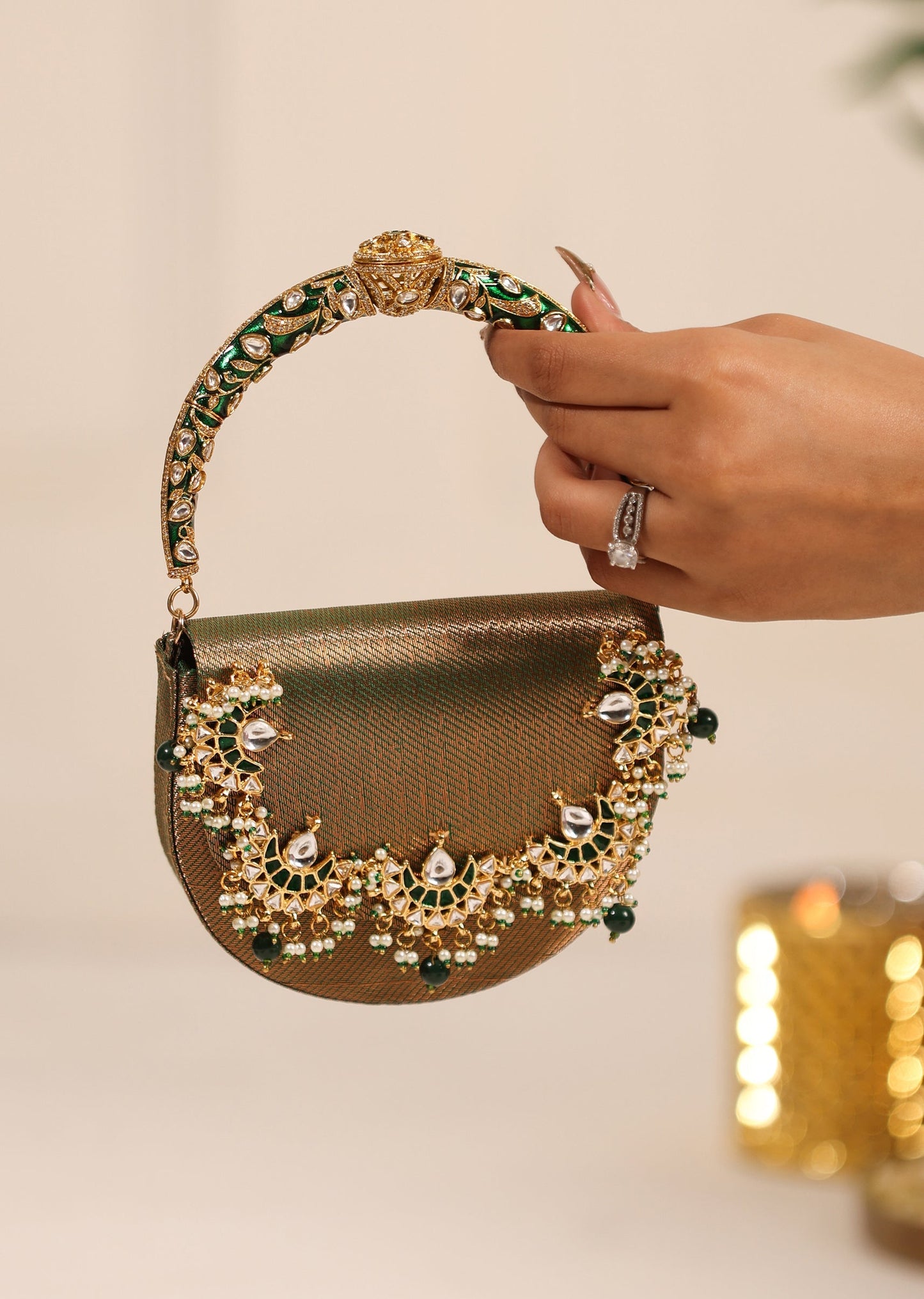 Gold Brocade Handbag With Embellished Detailing