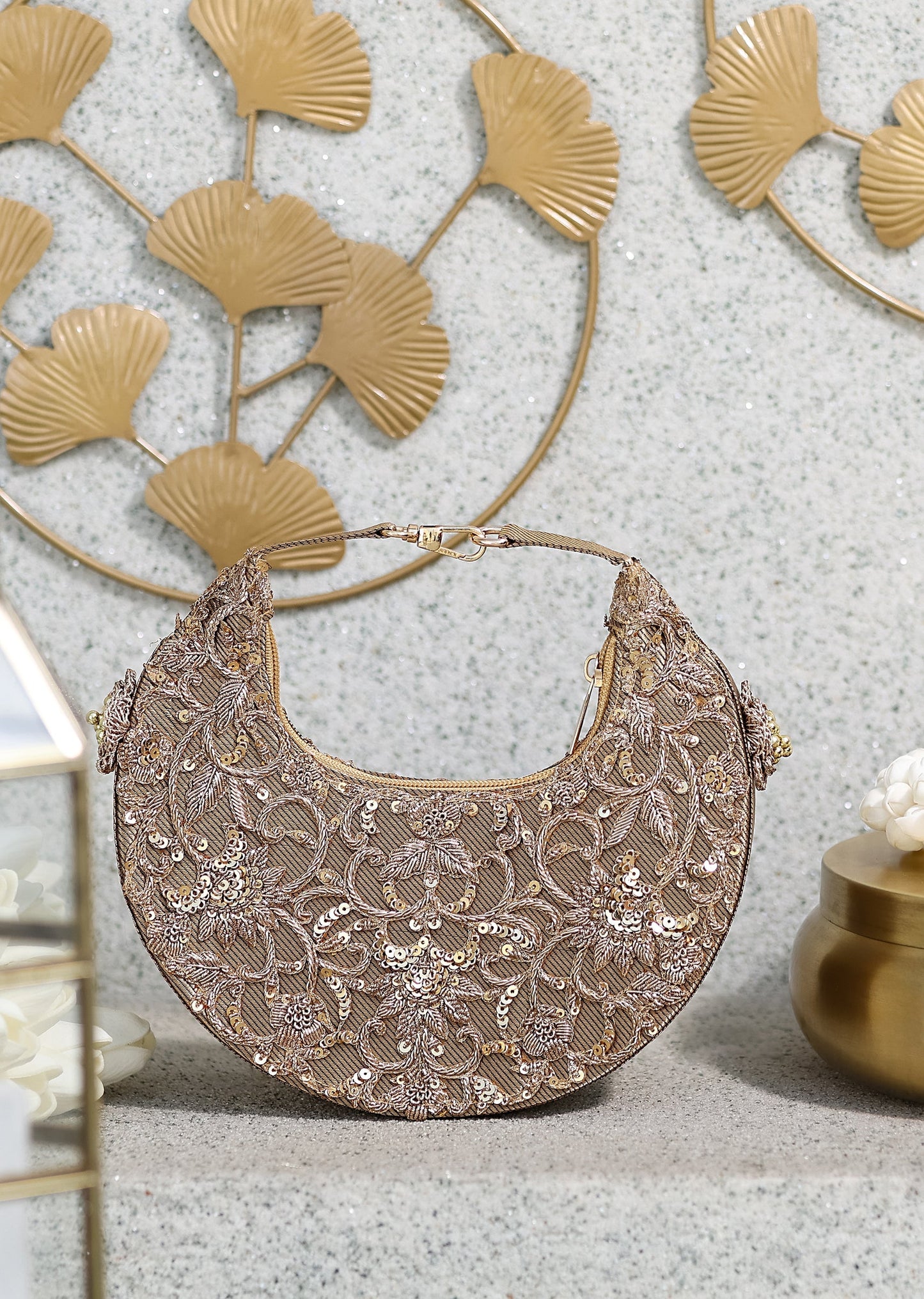 Gold Brocade Moon Handbag With Embroidered Detailing