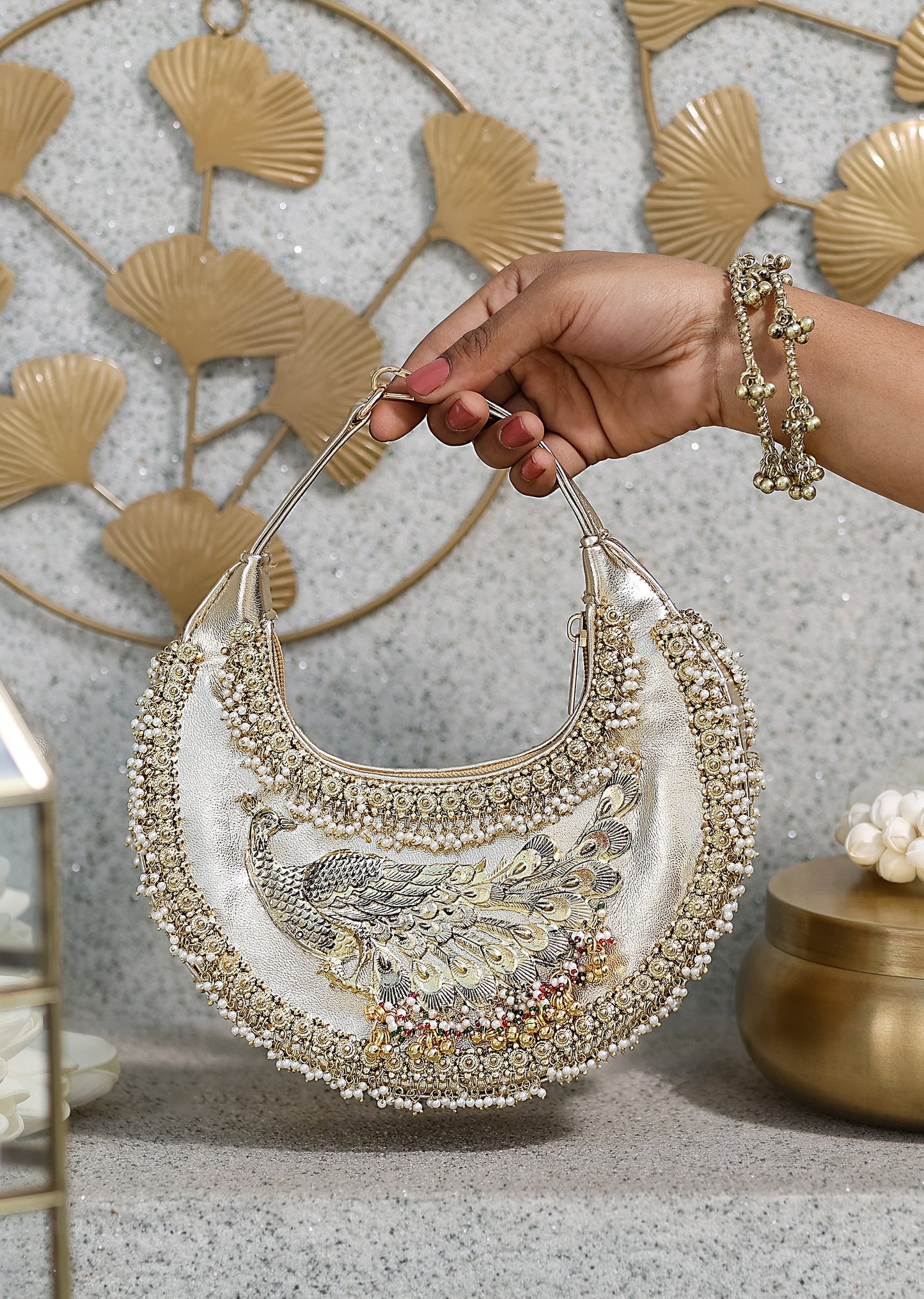 Gold Brocade Moon Shaped Handbag With Peacock Embroidered Embellishments