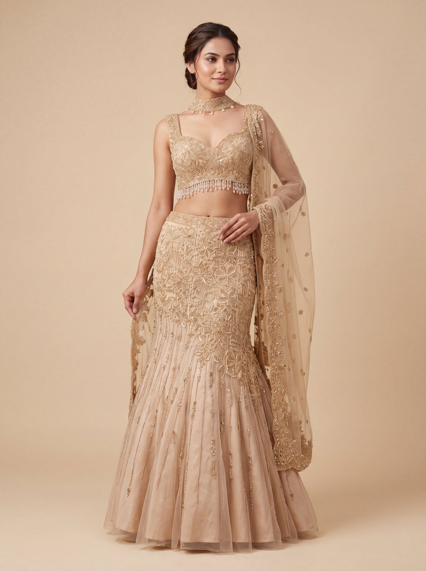 Gold Contemporary Bridal Lehenga With AllOver Embellishment Mermaid Fit
