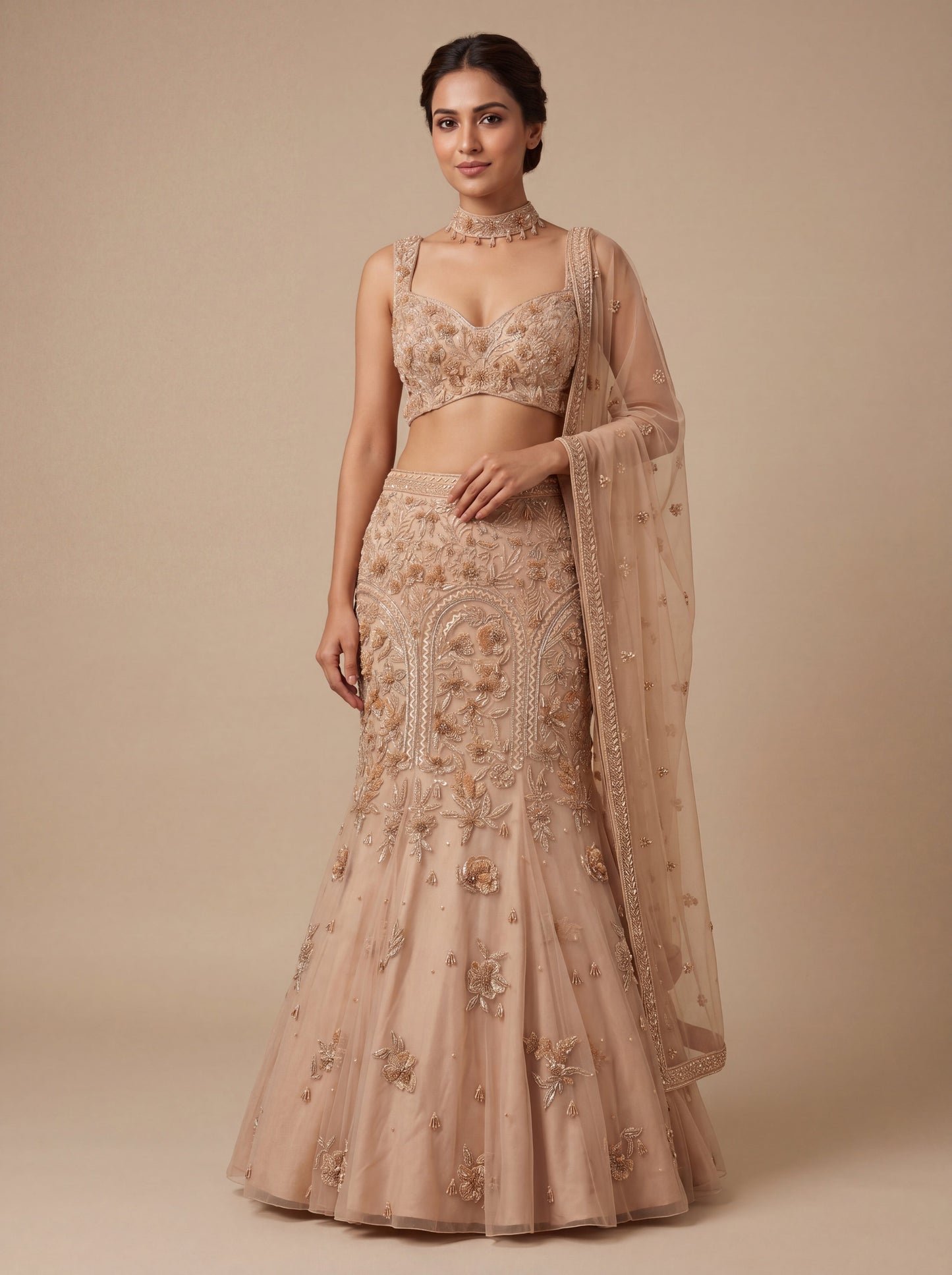 Gold Contemporary Bridal Lehenga With Embroidered Mermaid Trailing Hem