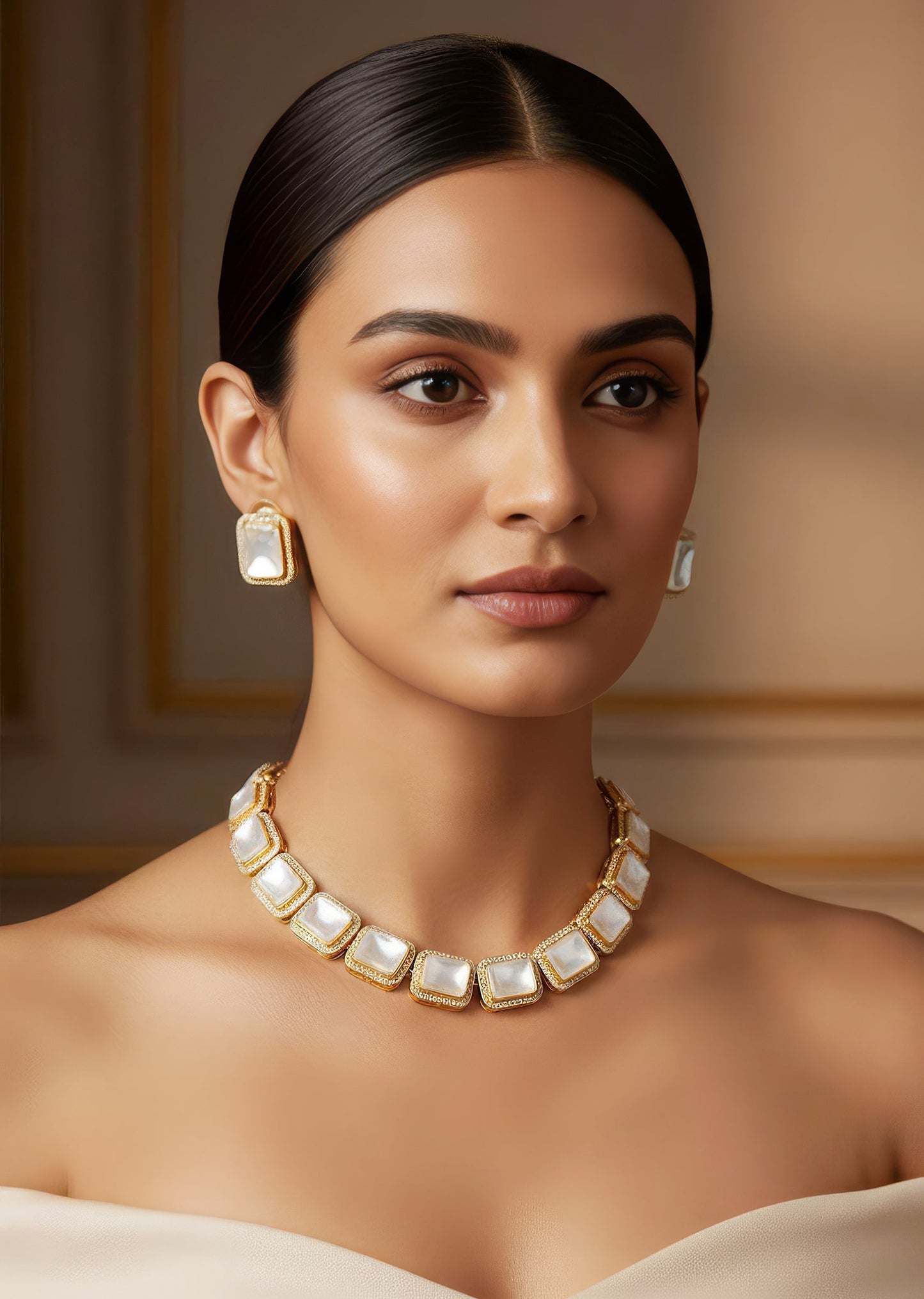 Gold Necklace Set With Refined Kundan Detail