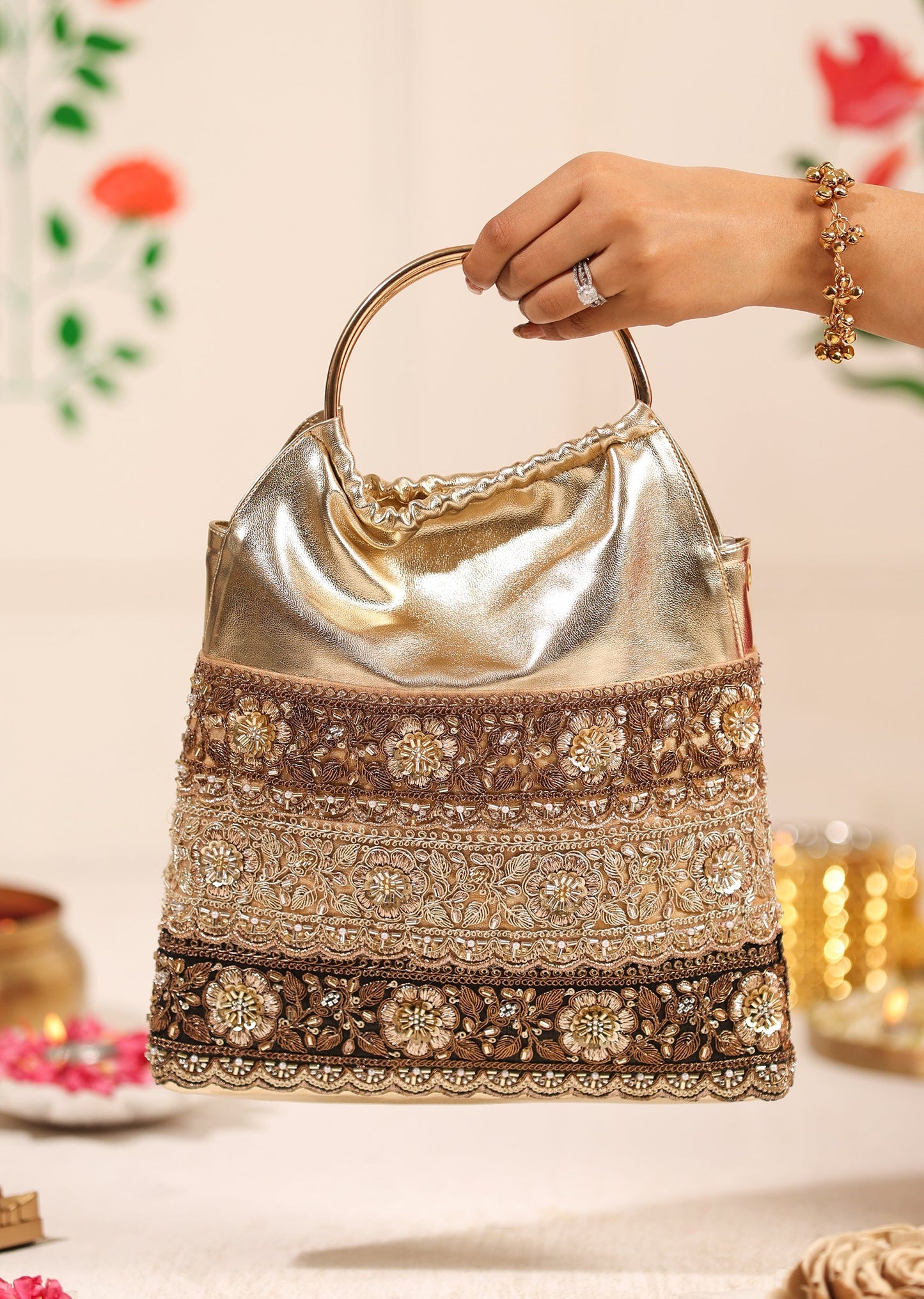 Gold Faux Leather Handbag With Brocade Lace Embroidery