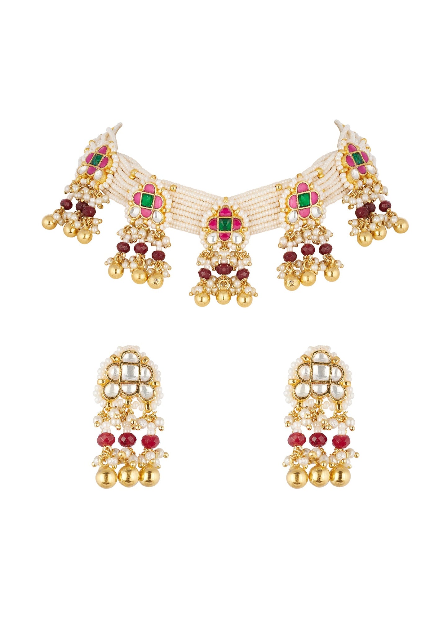 Gold Finish Choker Necklace Set In Mix Metal With Traditional Style And Red Simulated Stones And Multi Strand Faux Pearls