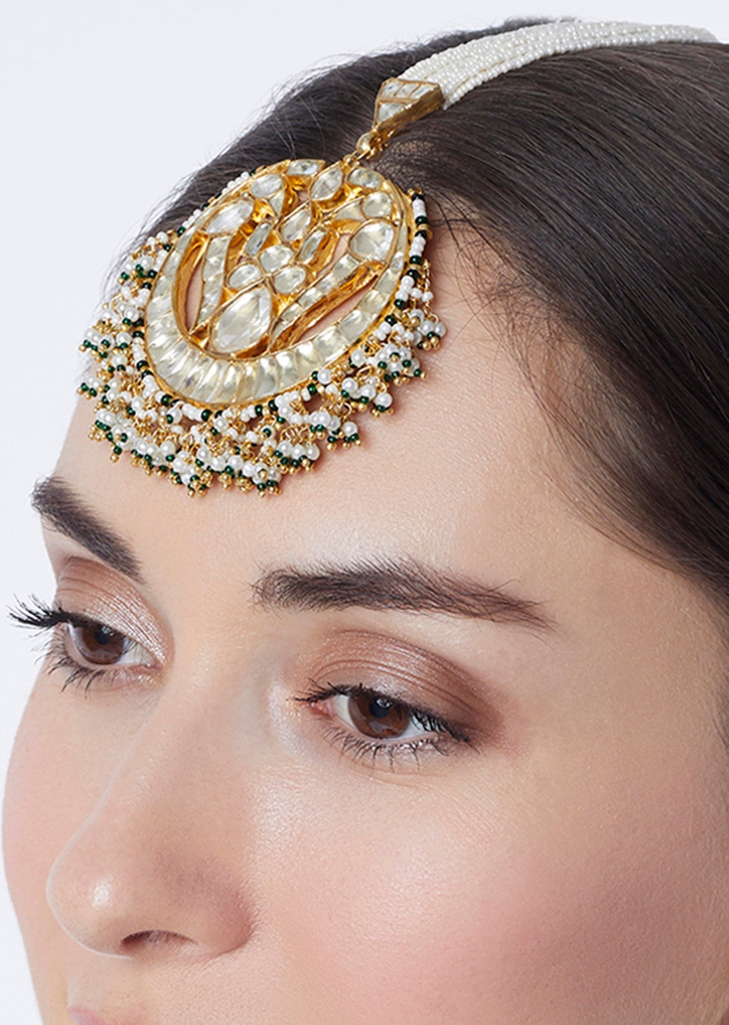 Gold Finish Kundan Polki And Beaded Maang Tikka