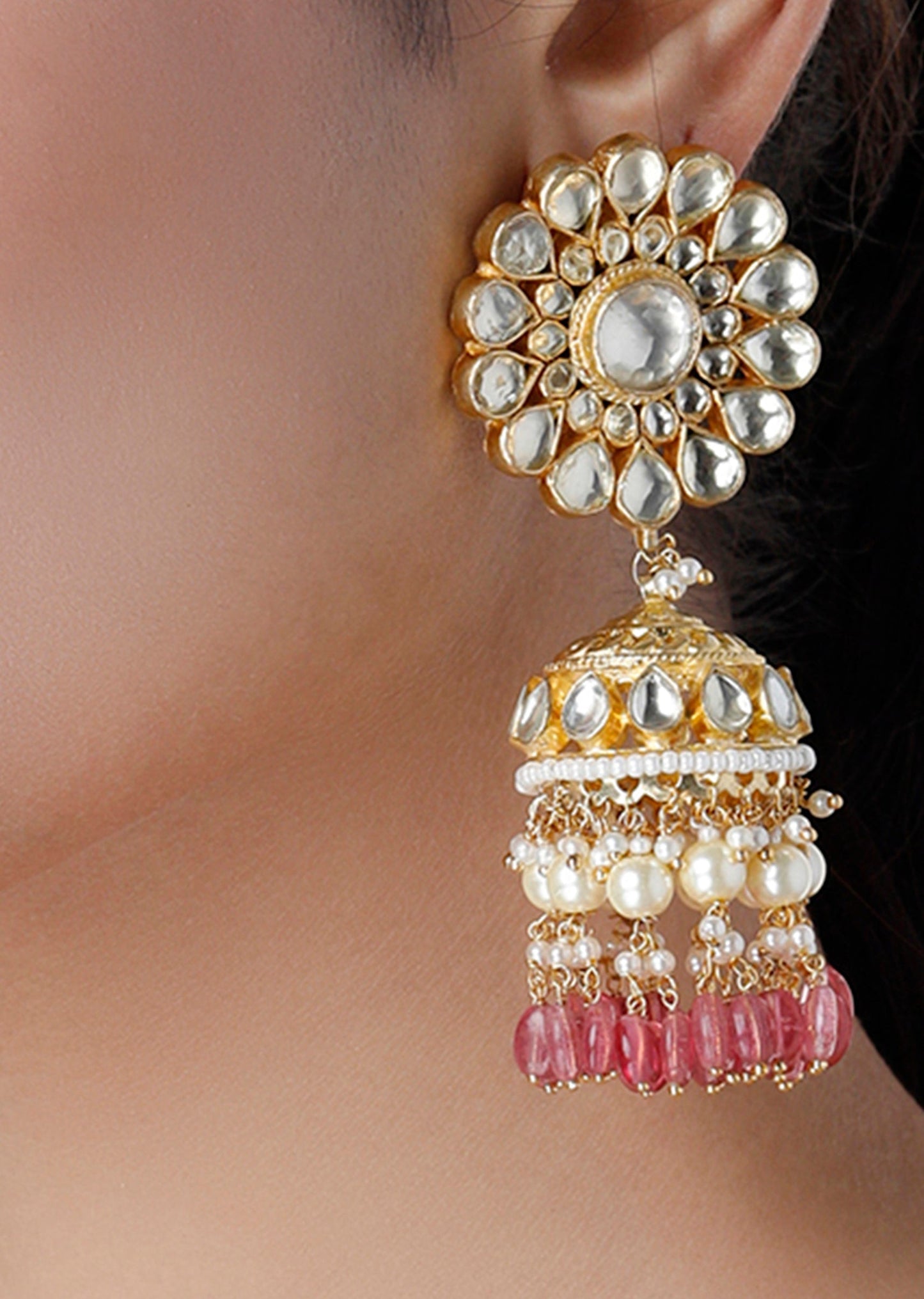 Gold Finish Kundan Polki And Pink Drop Jhumka Earrings