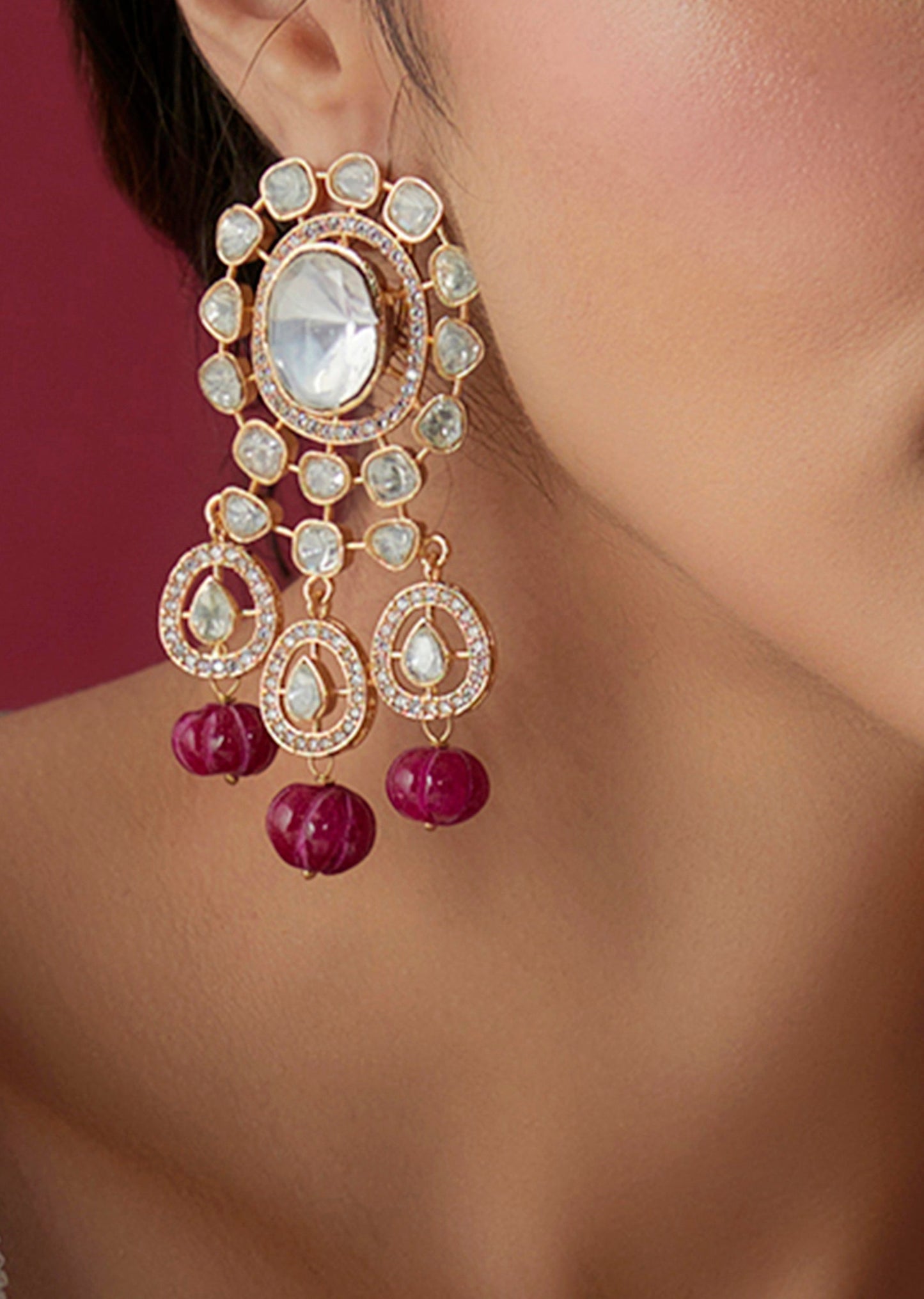 Gold Finish Kundan Polki And Red Beaded Dangler Earrings