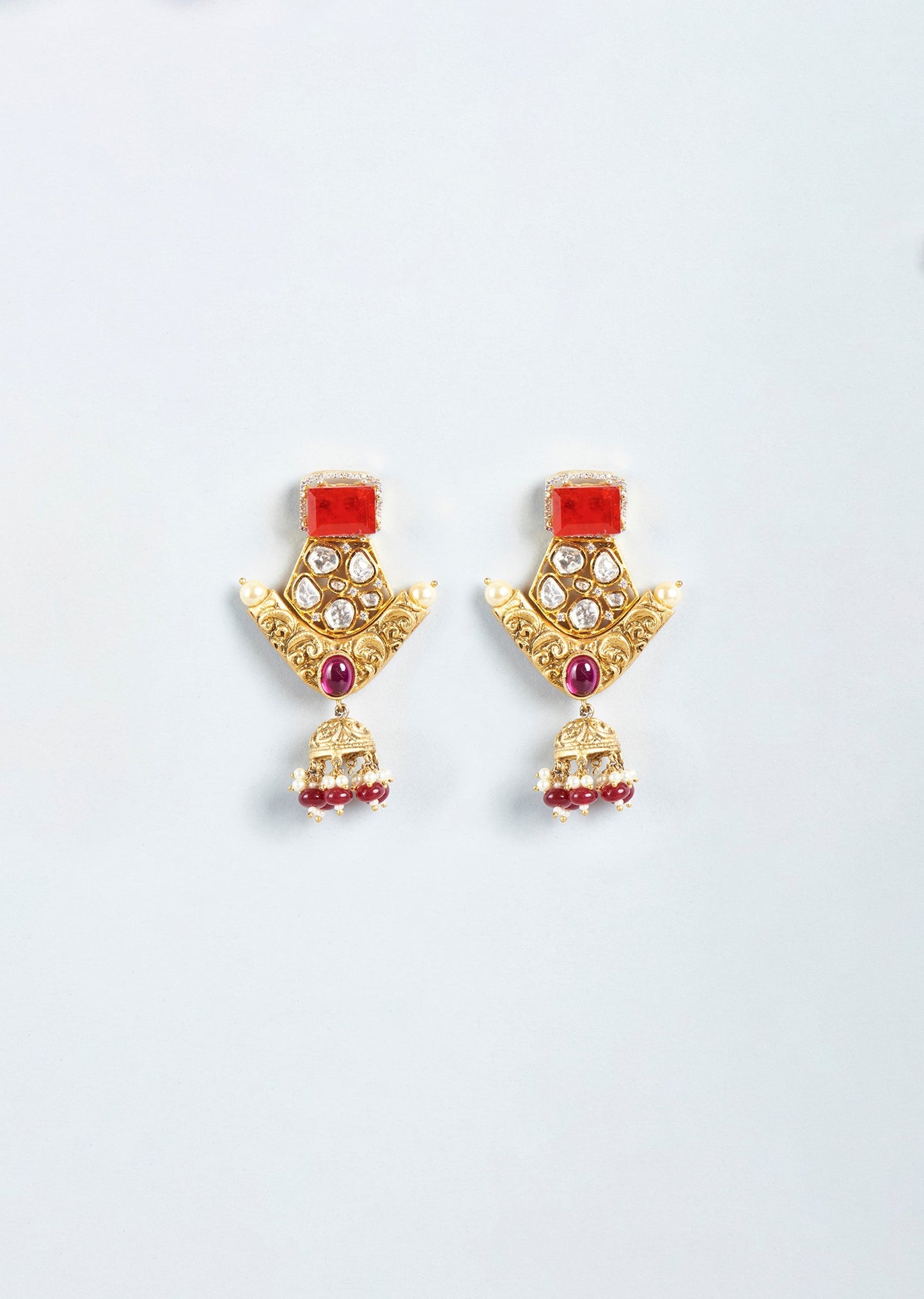 Gold Finish Kundan Polki And Red Stone Dangler Earrings