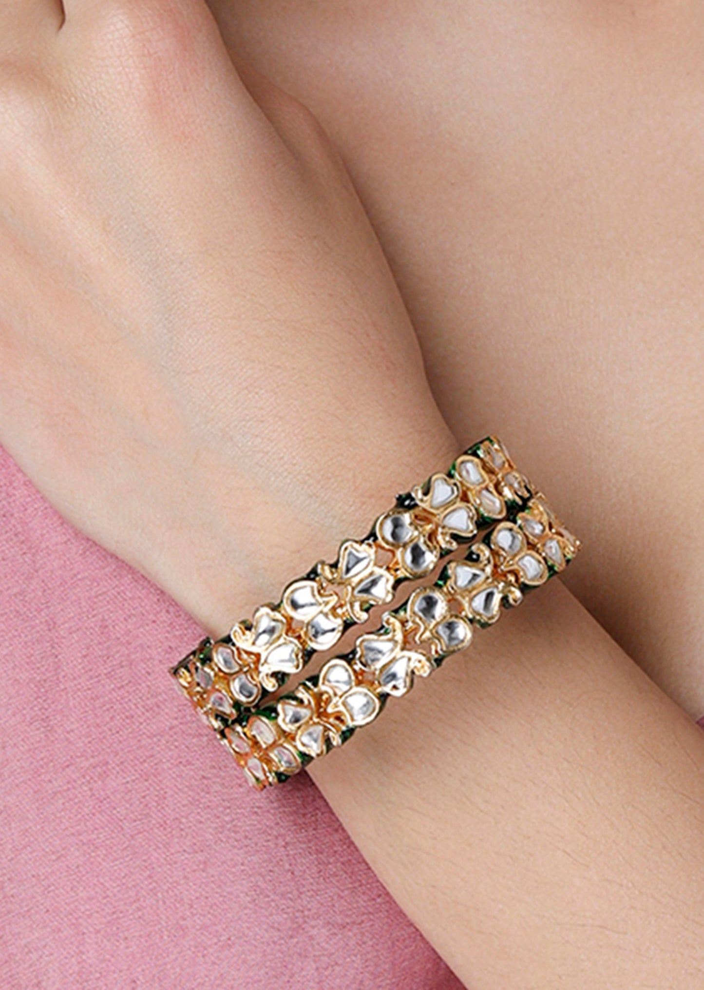 Gold Finish Kundan Polki Green Meenakari Bangles Set of Two
