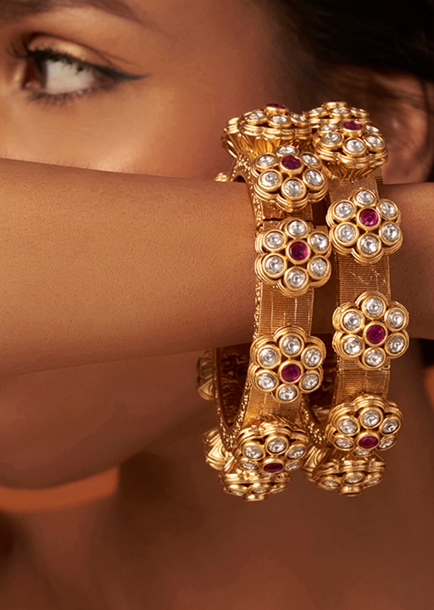 Gold Finish Kundan Polki Kadas Set of Two