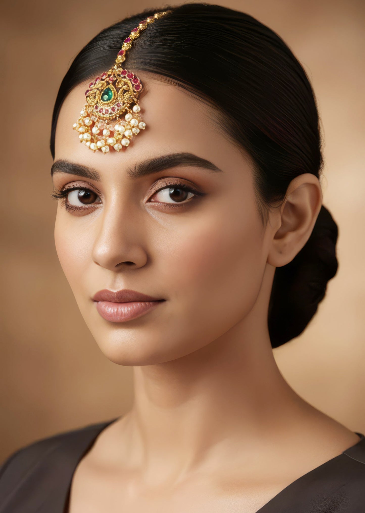 Gold Finish Maangtikka With Temple Style Motifs And Pink and Green Simulated Stones