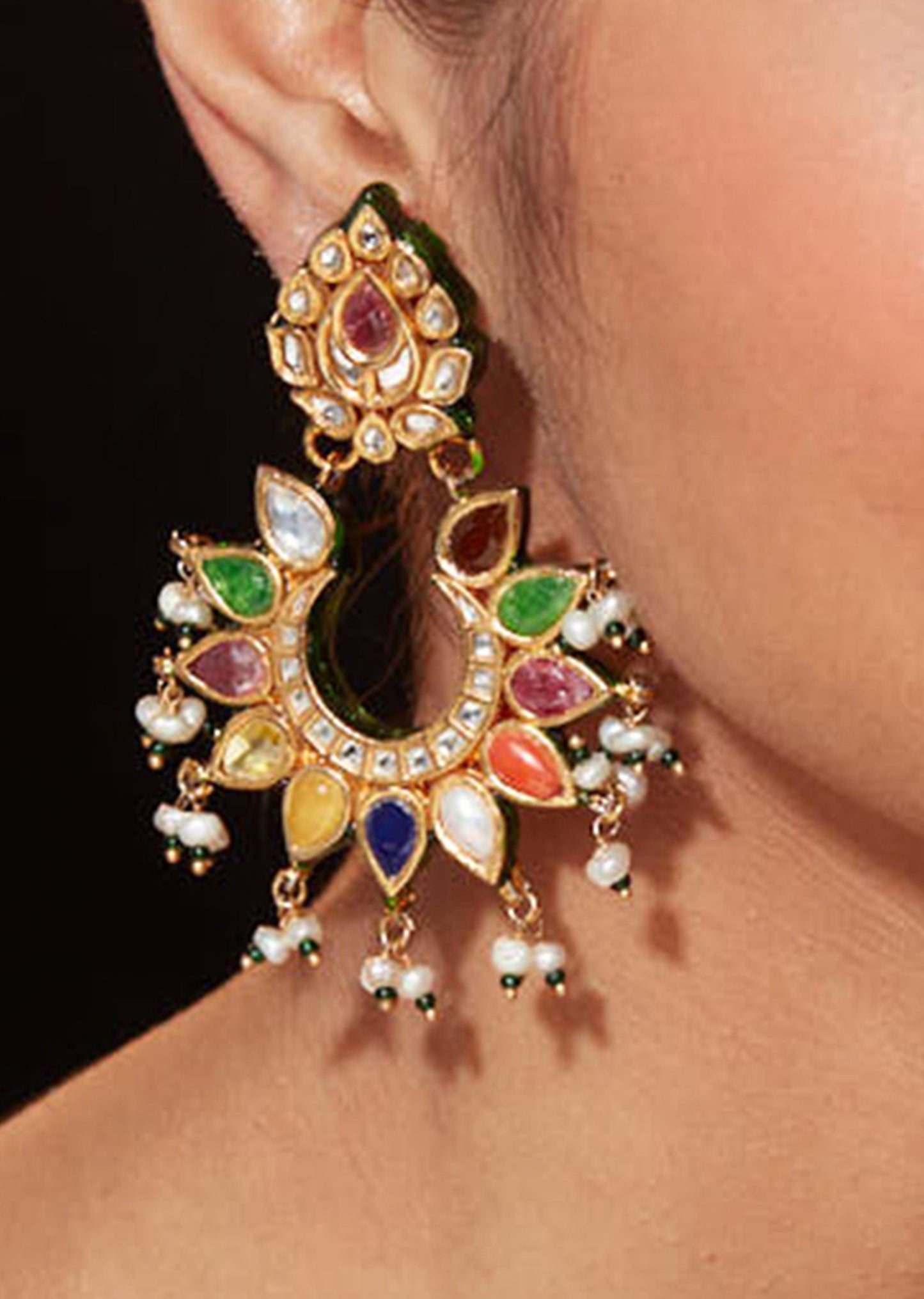 Gold Finish Multi Coloured Kundan Polki Statement Earrings