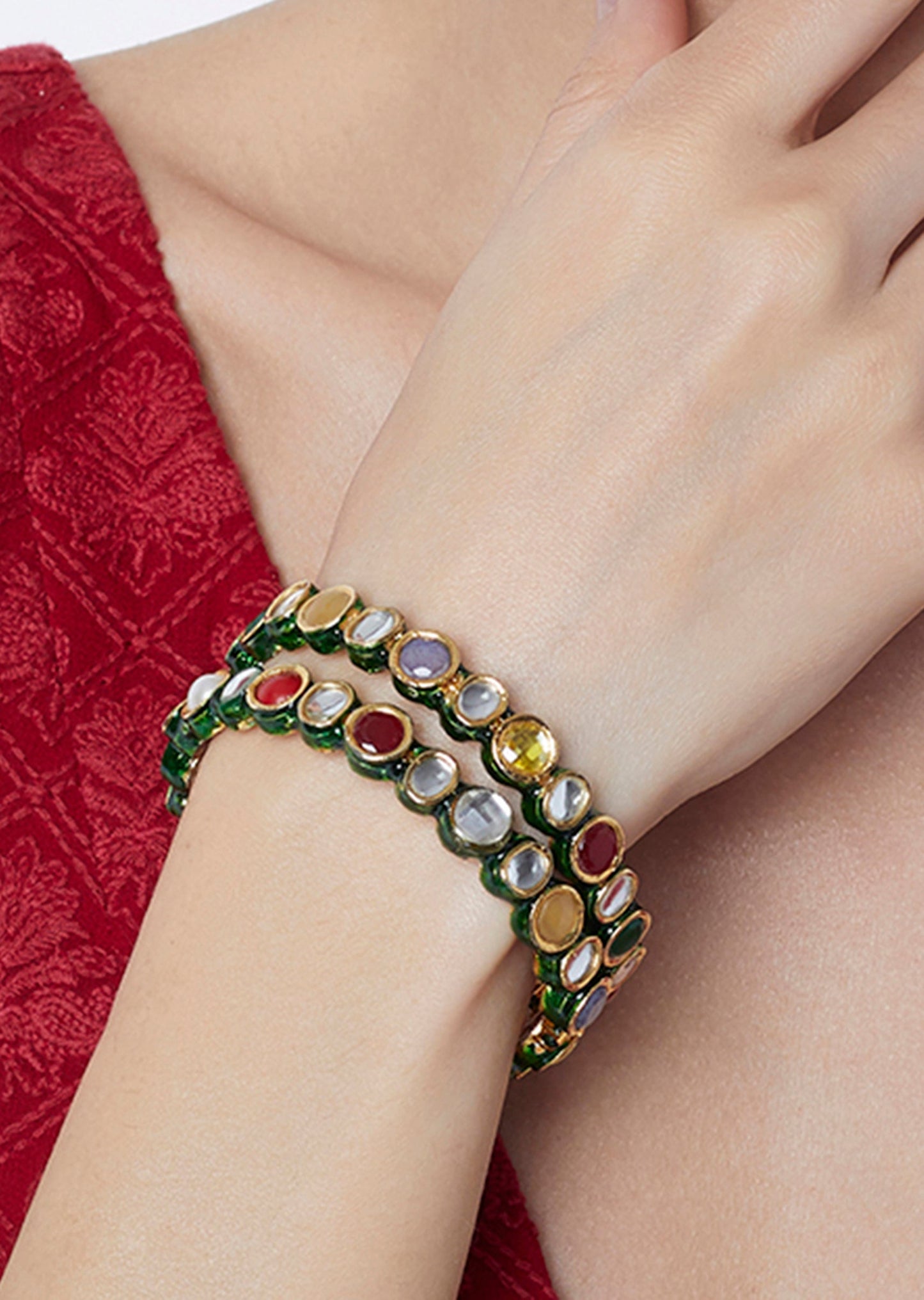 Gold Finish Navratna Stone And Kundan Polki Bangles Set of Two
