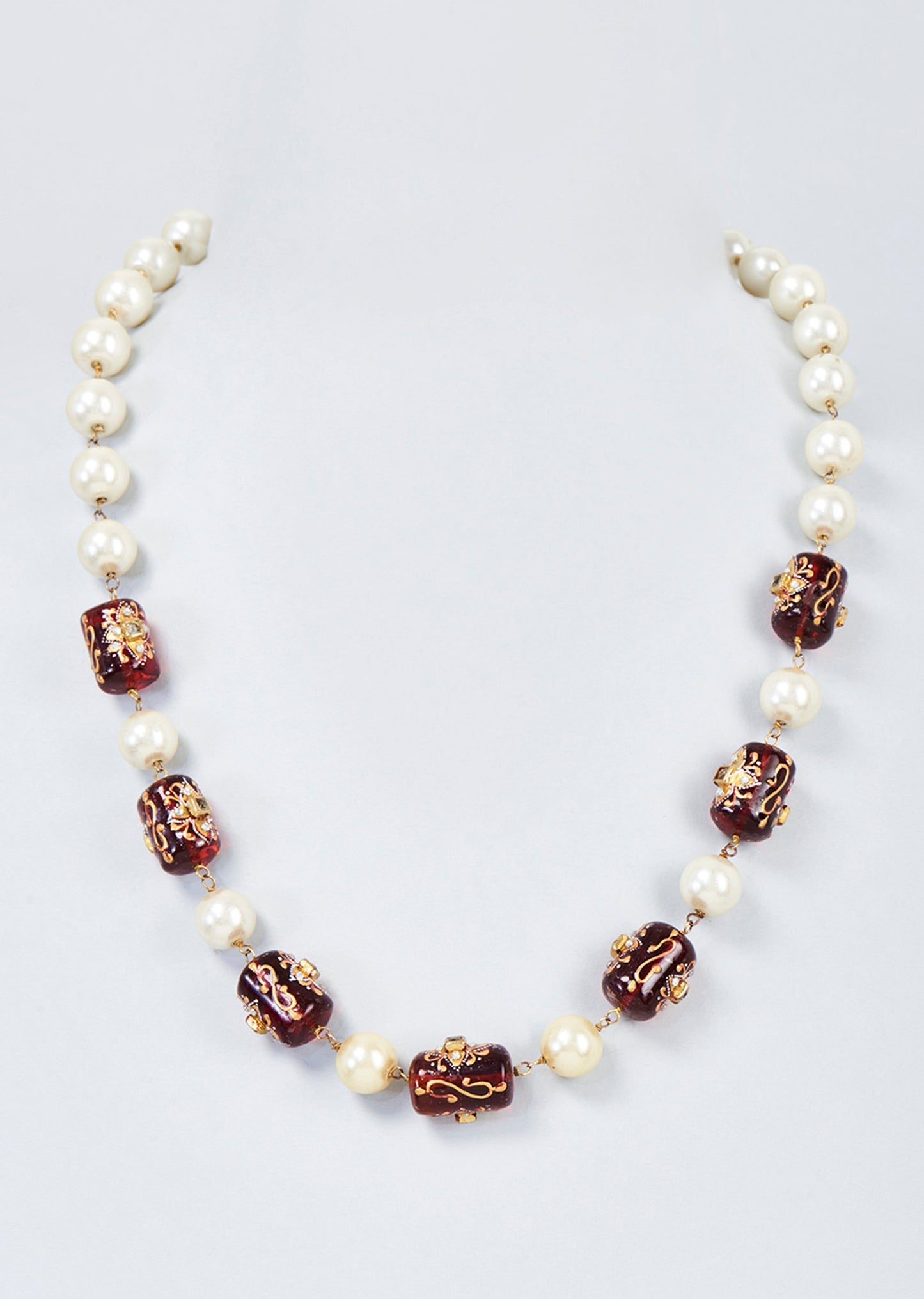 Gold Finish Pearl And Blue Jade Beaded Mala