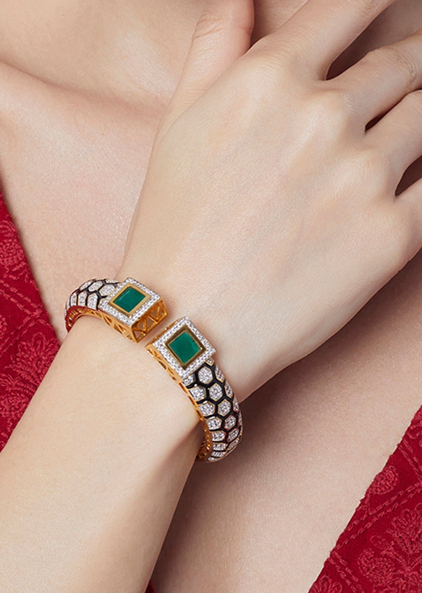 Gold Finish Zircon And Green Onyx Enameled Kada