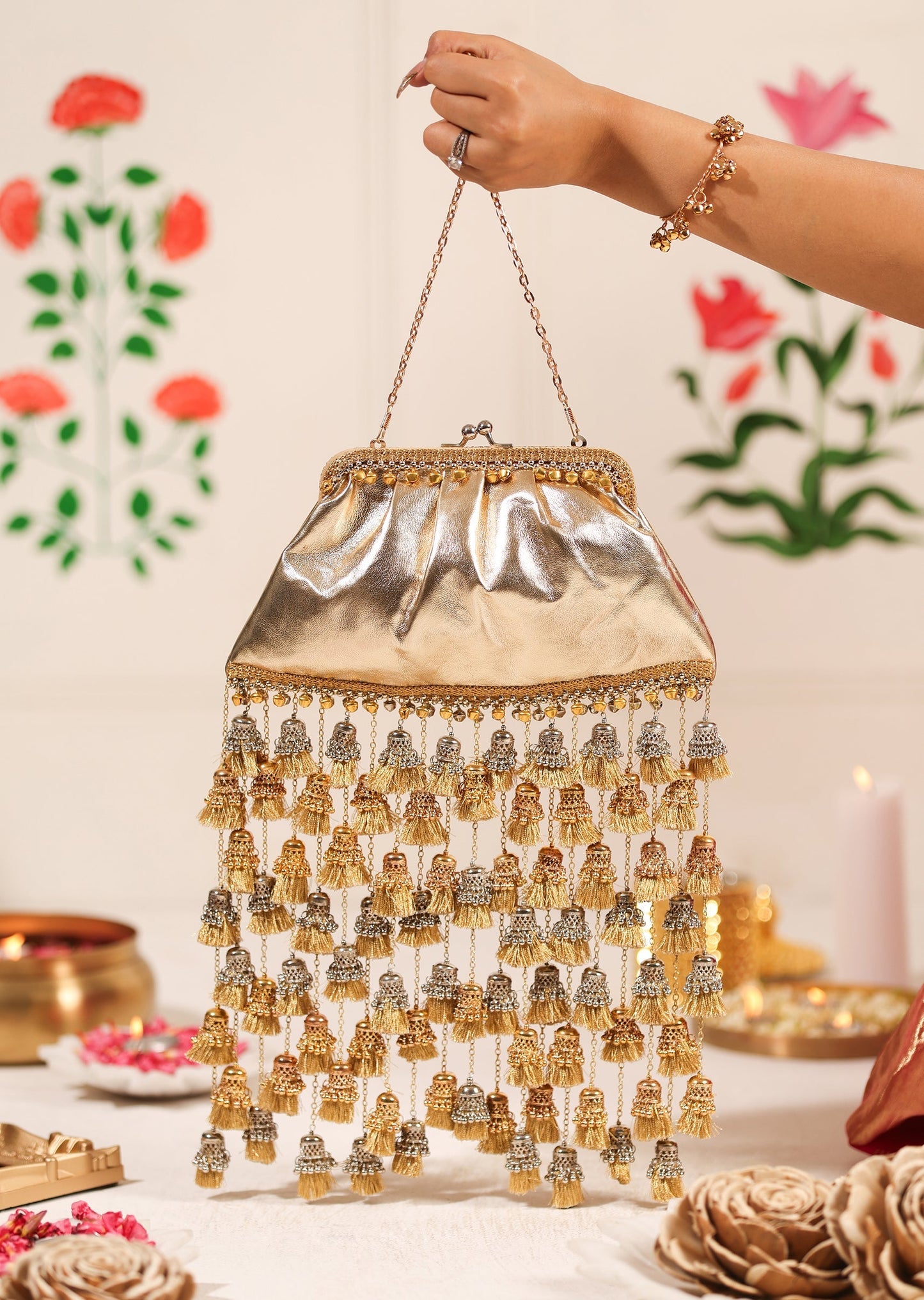 Gold Hanging Tassel Handbag With Embellished Detailing