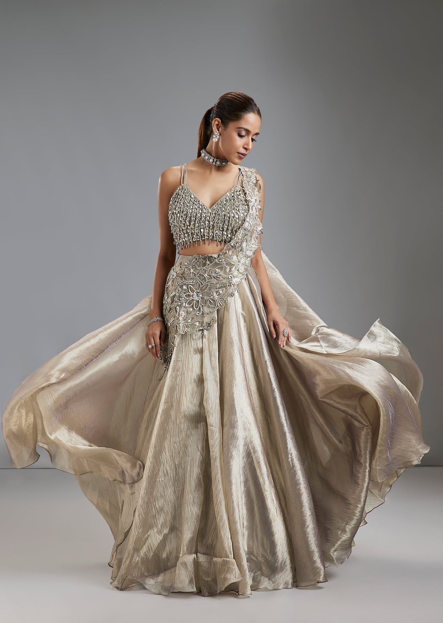 Gold Liquid Organza Fusion Lehenga With Embellished Attached Drape