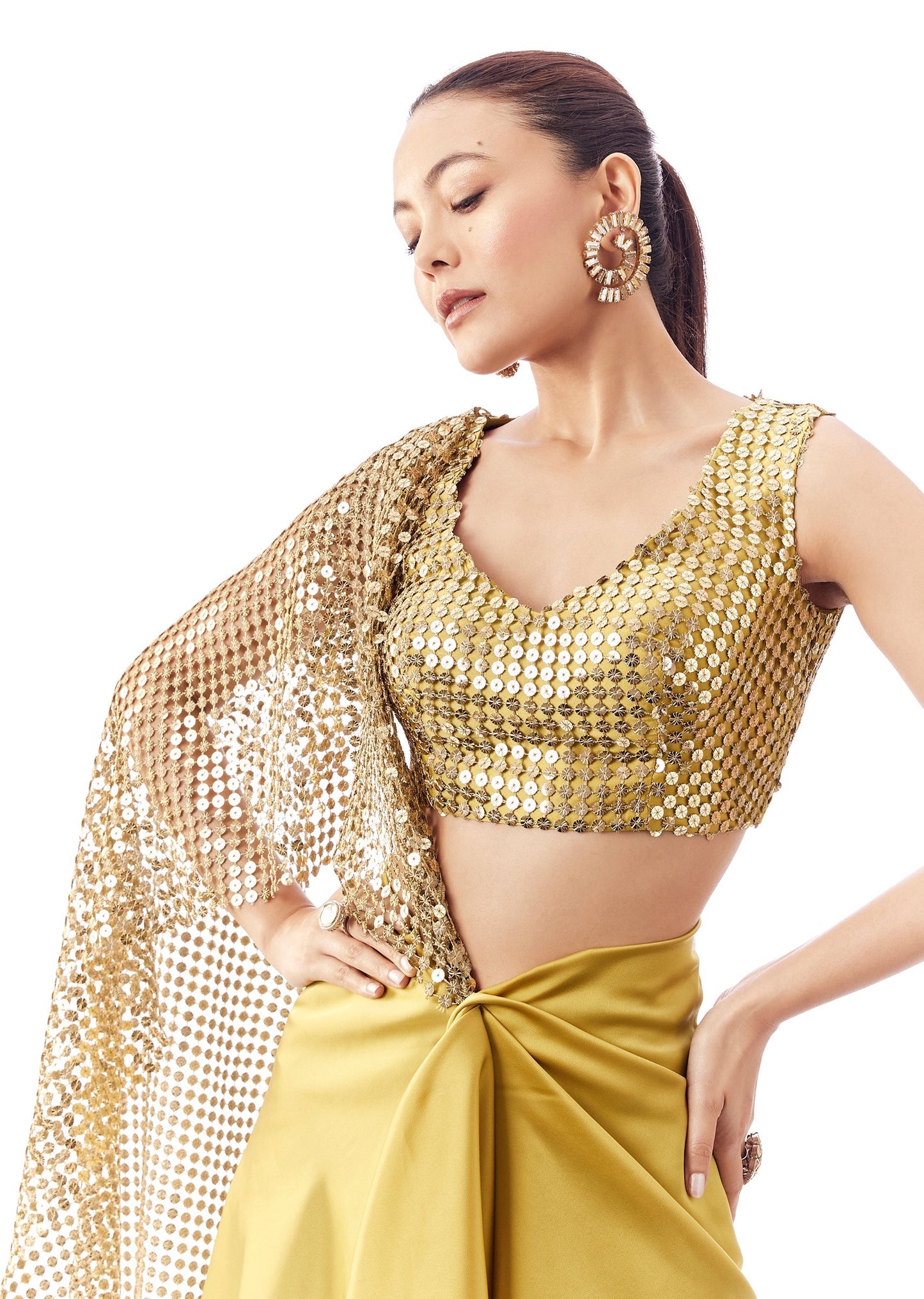 Gold Mustard V Neck Blouse With Side Zip And Stone Work