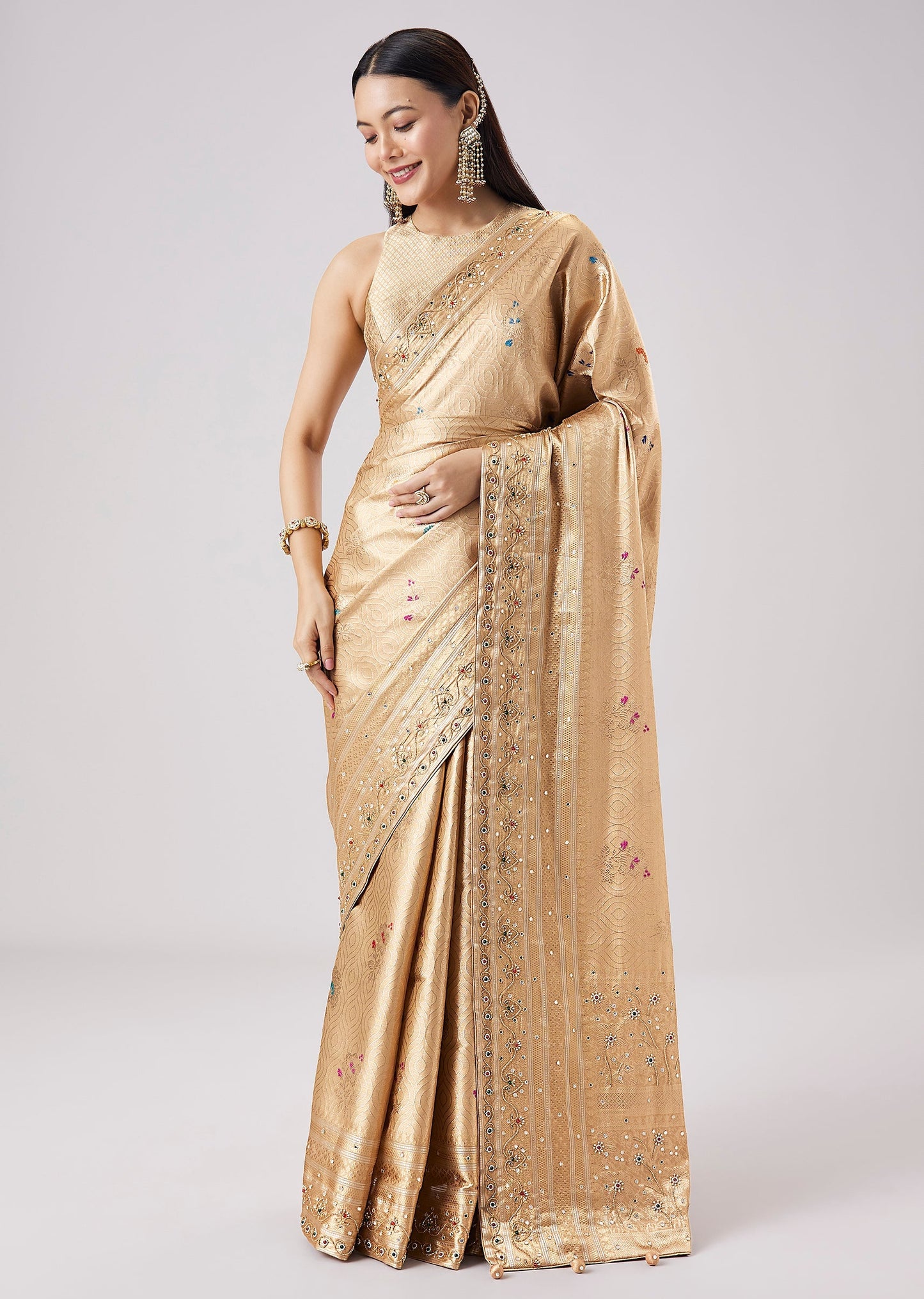 Gold Pastel Embroidered Saree With Unstitched Blouse