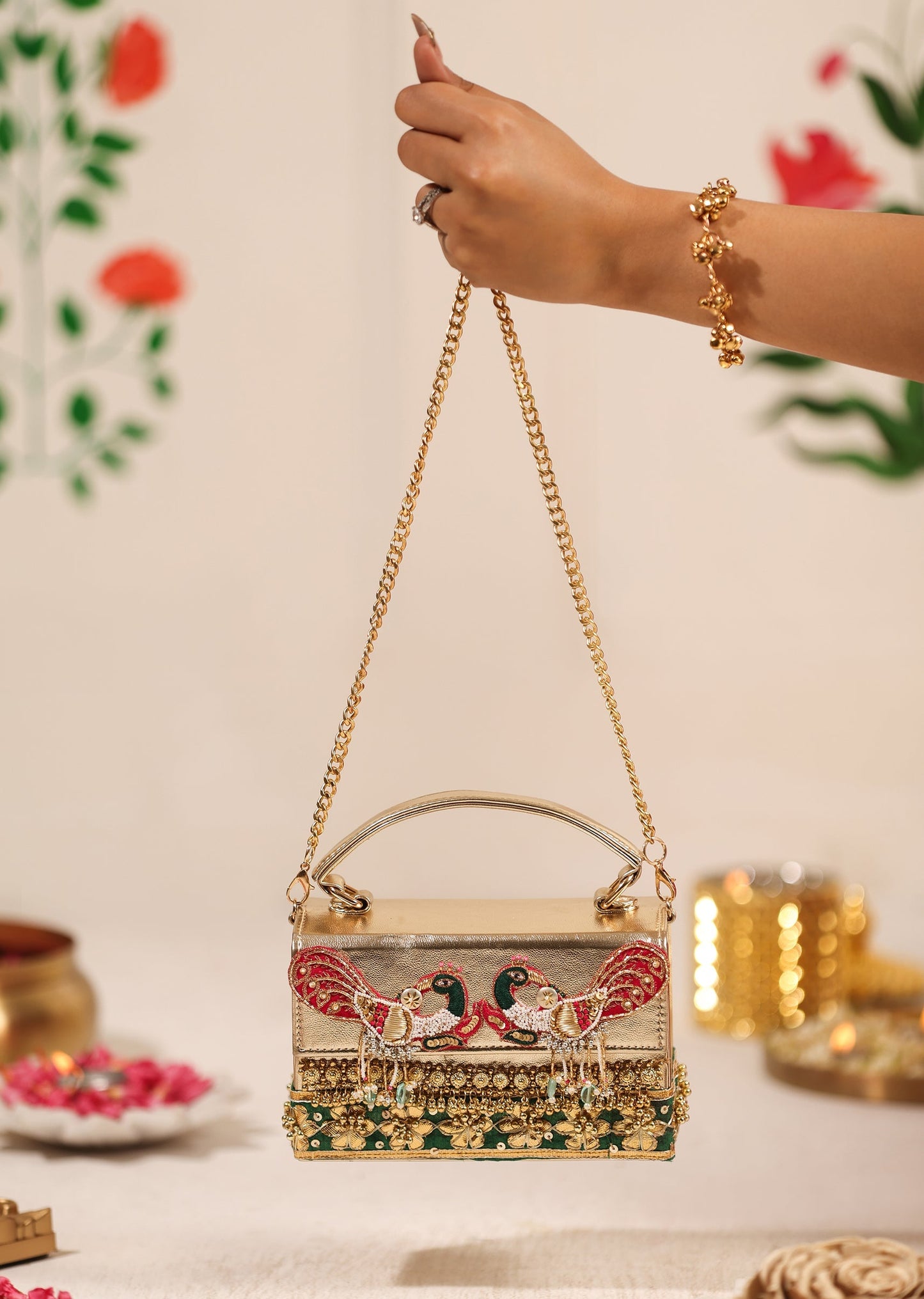 Gold Peacock Clutch With Red Embellished Detailing