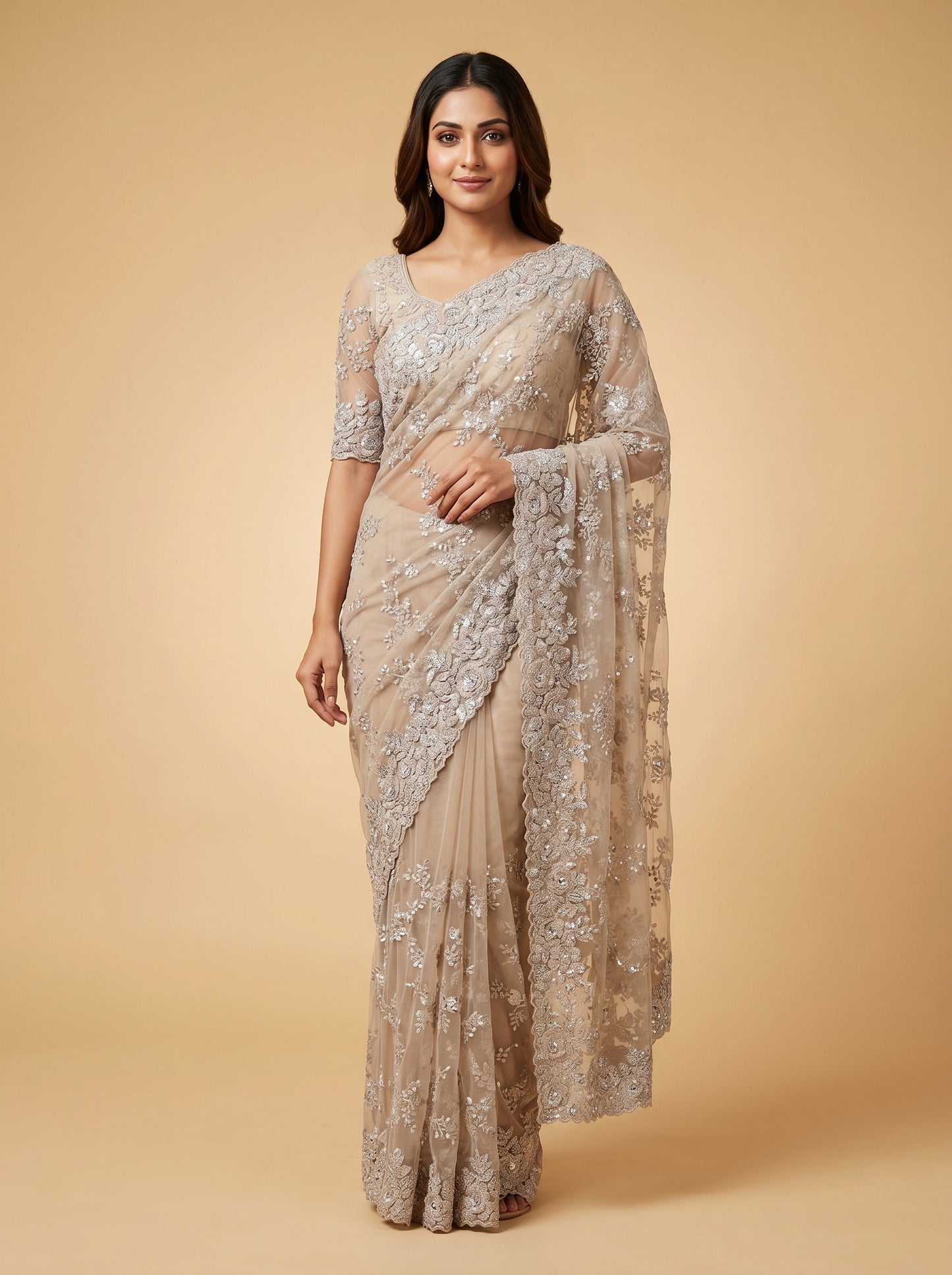 Gold Pearl Embroidered Saree