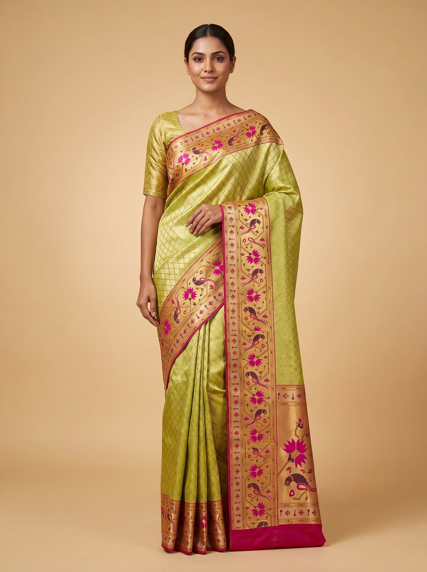 Gold rani handloom saree with zari border