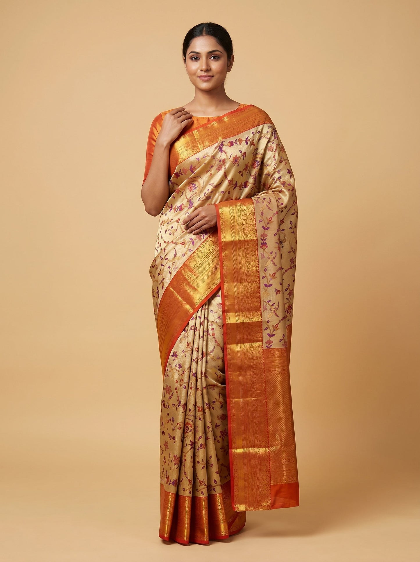Gold red handloom saree with zari border