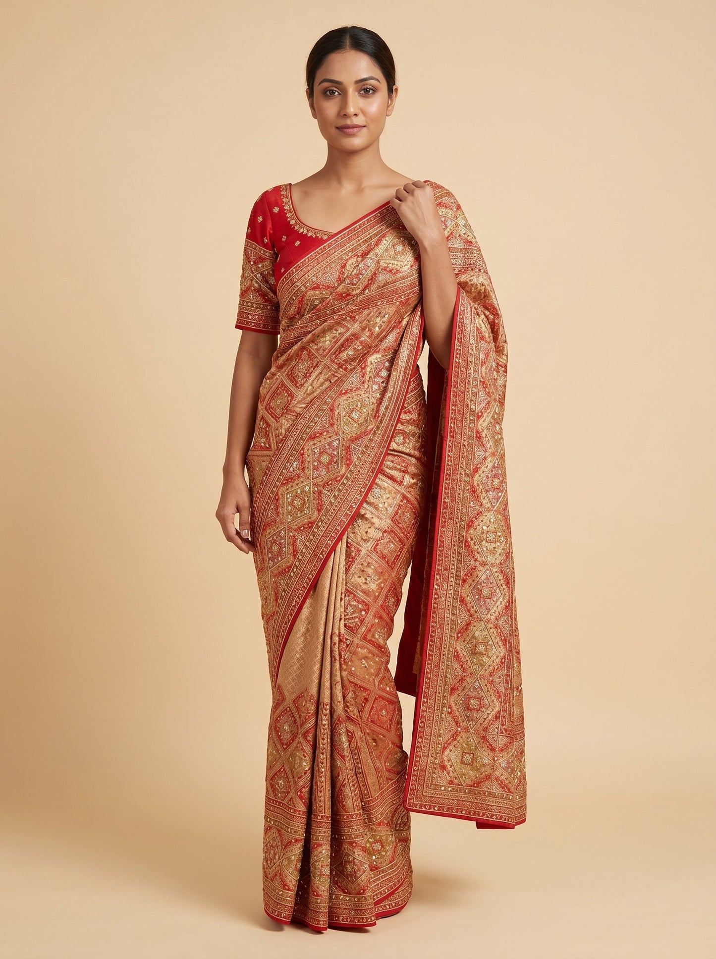 Gold Red Royal Mix Embroidered Saree