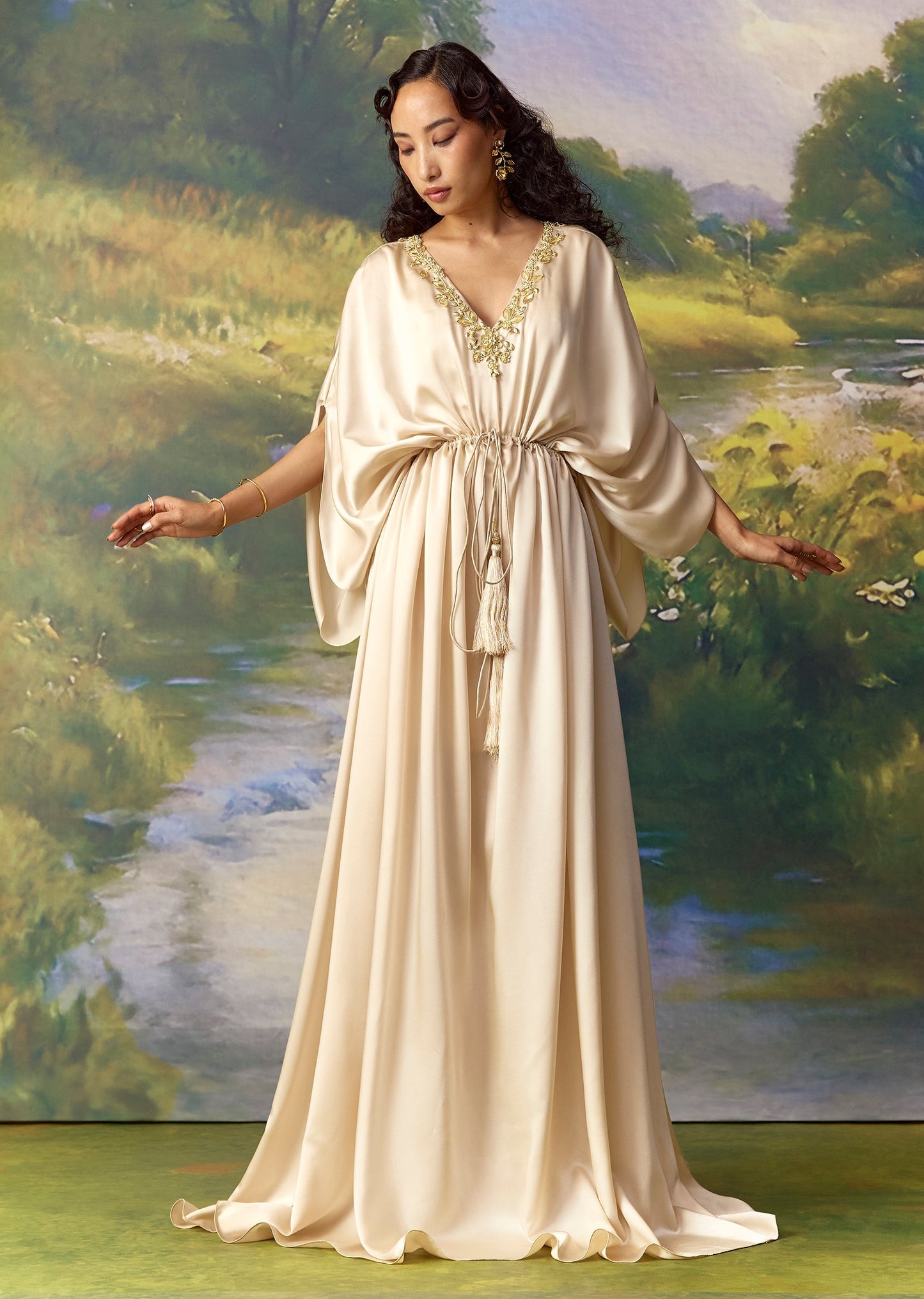 Gold Satin Metal Work Kaftan Set