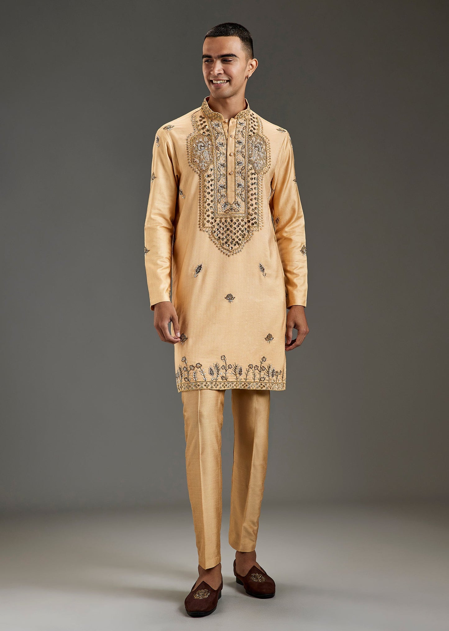 Gold Silk Kurta Set With Zardosi Pearl Sequin Embroidery