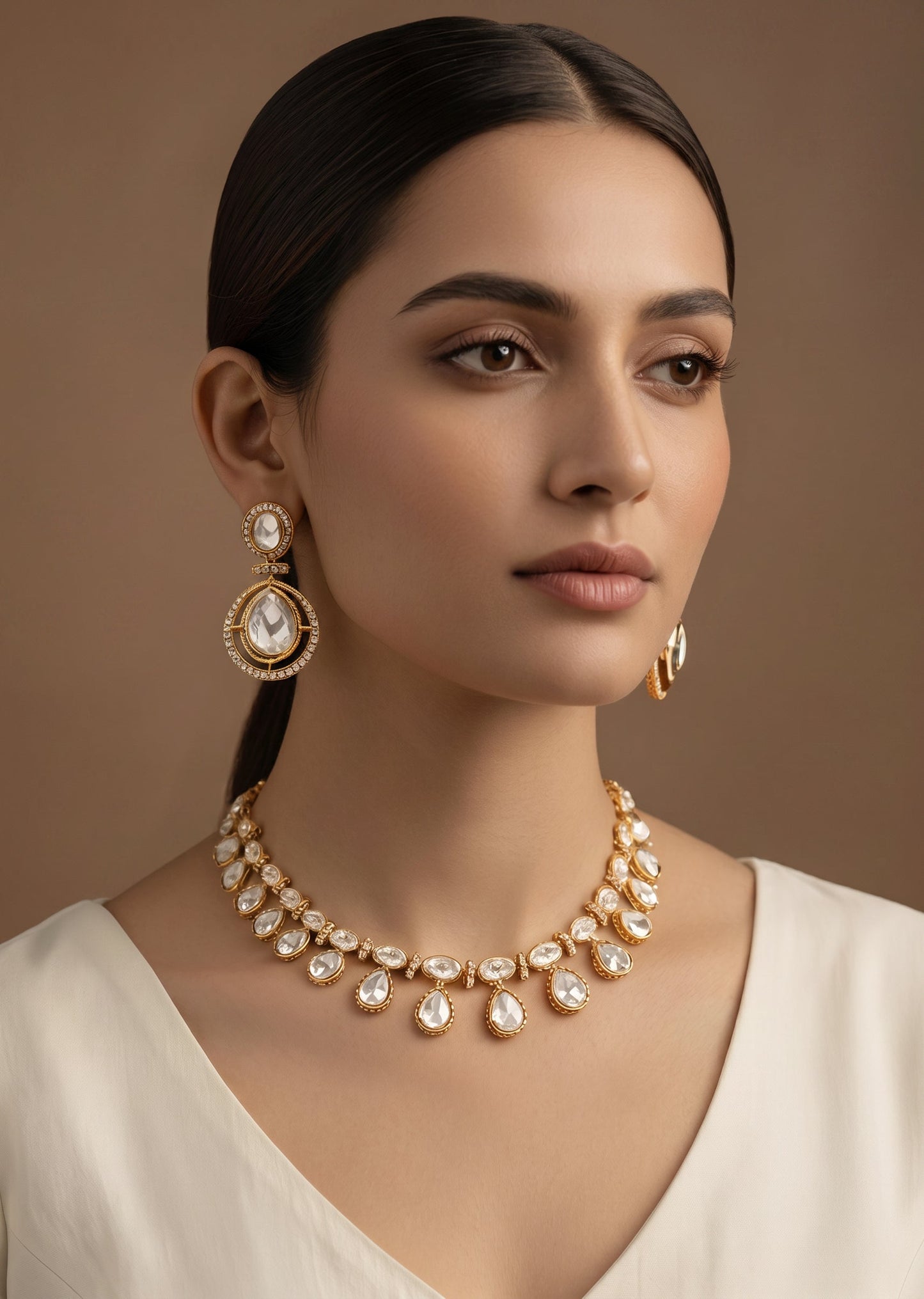 Gold Toned Polki Pearl Drop Necklace Set