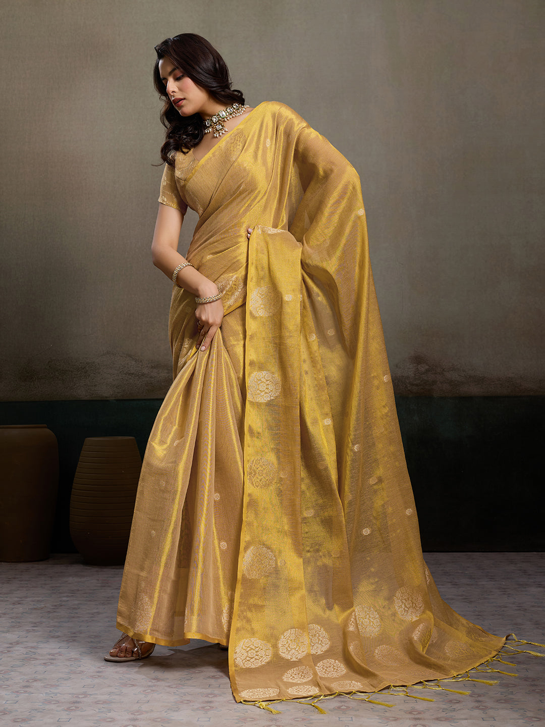 Anaita Gold Tissue Silk Woven Saree With Blouse